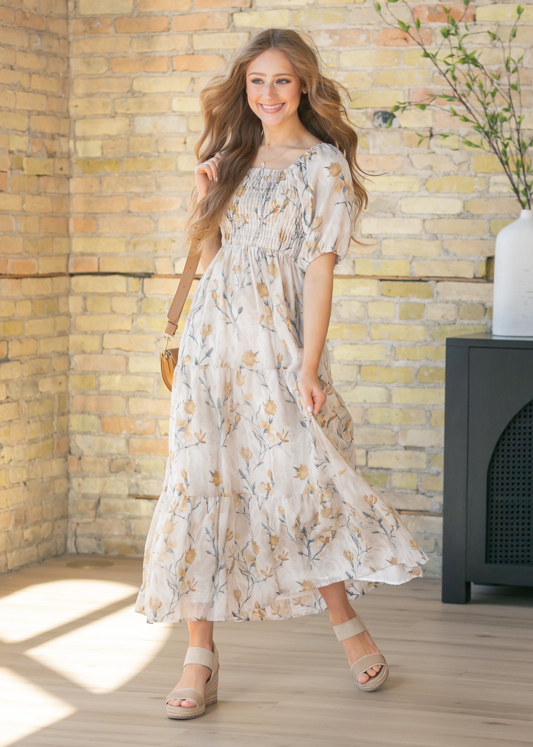 smocked midi dresses for women Penelope White Floral Smocked Midi Dress White / XS