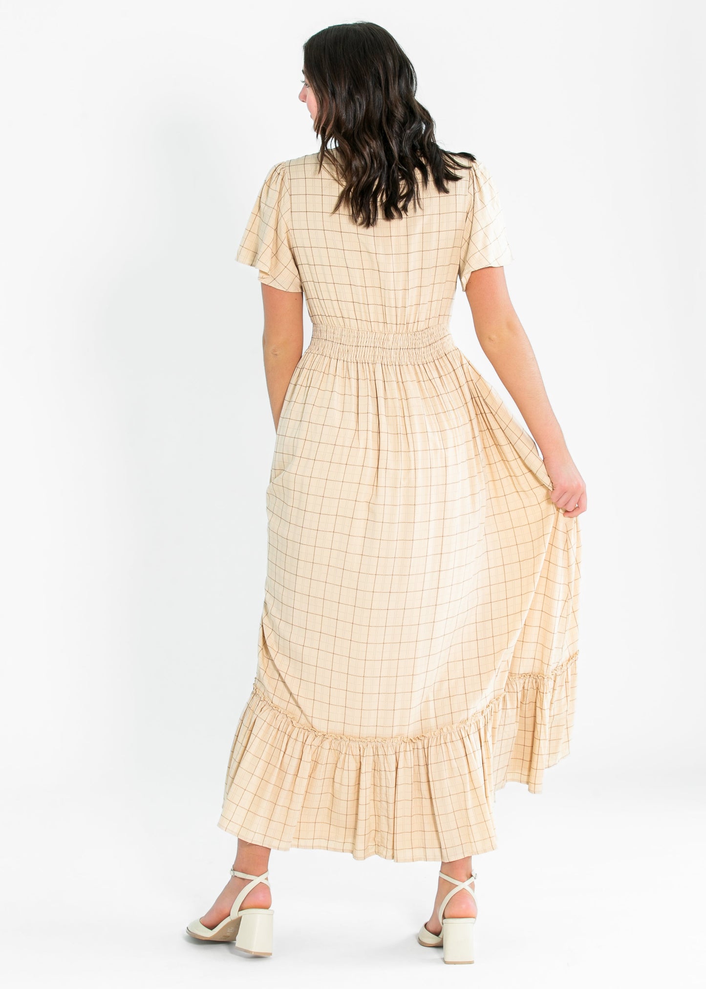 Isabella Taupe Windowpane Maxi Dress IC Dresses