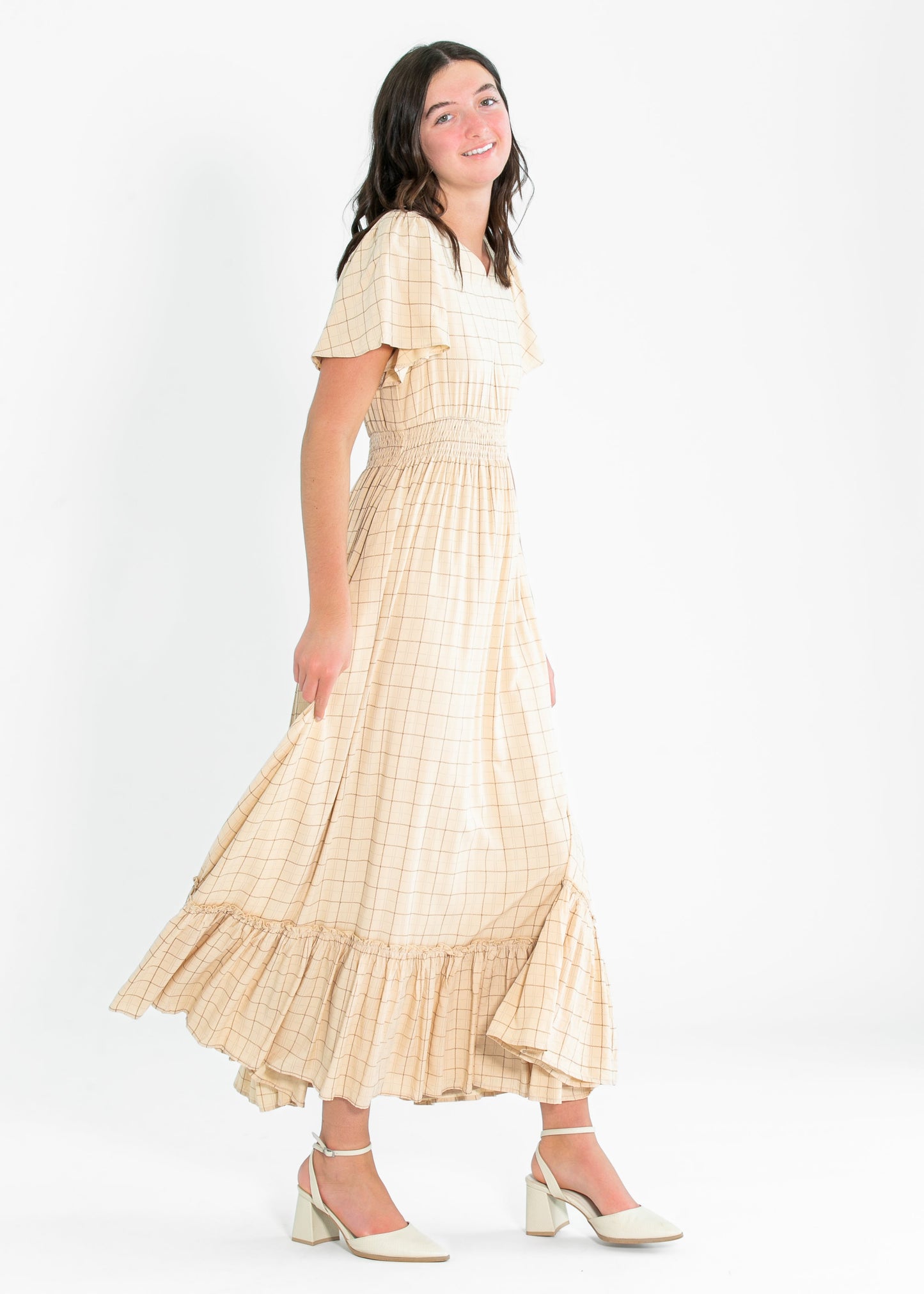 Isabella Taupe Windowpane Maxi Dress IC Dresses
