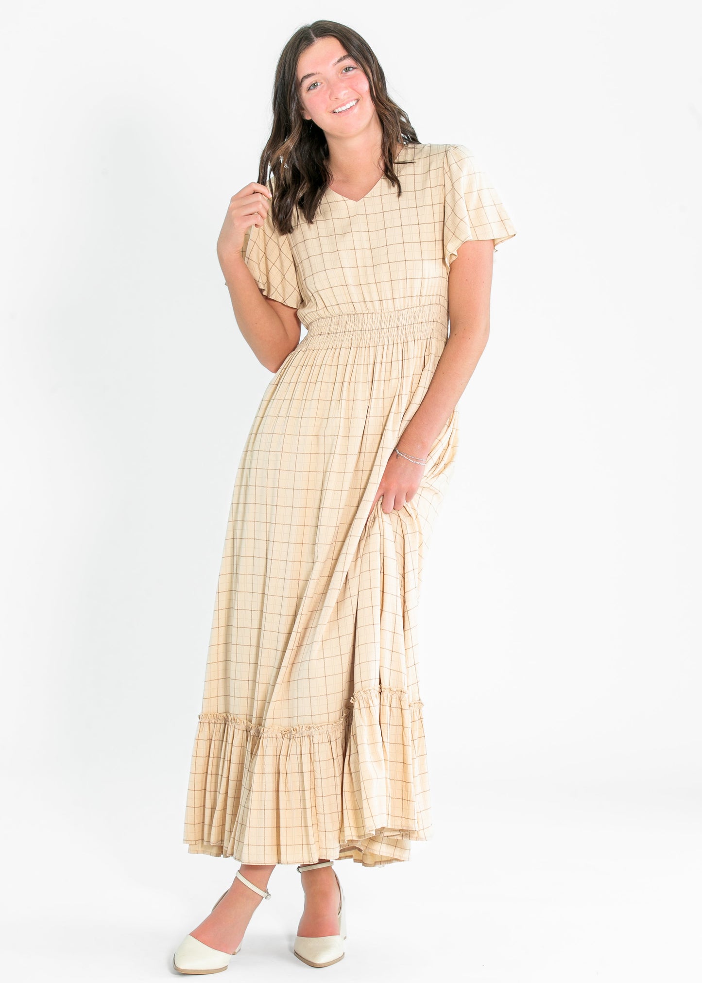 Isabella Taupe Windowpane Maxi Dress IC Dresses