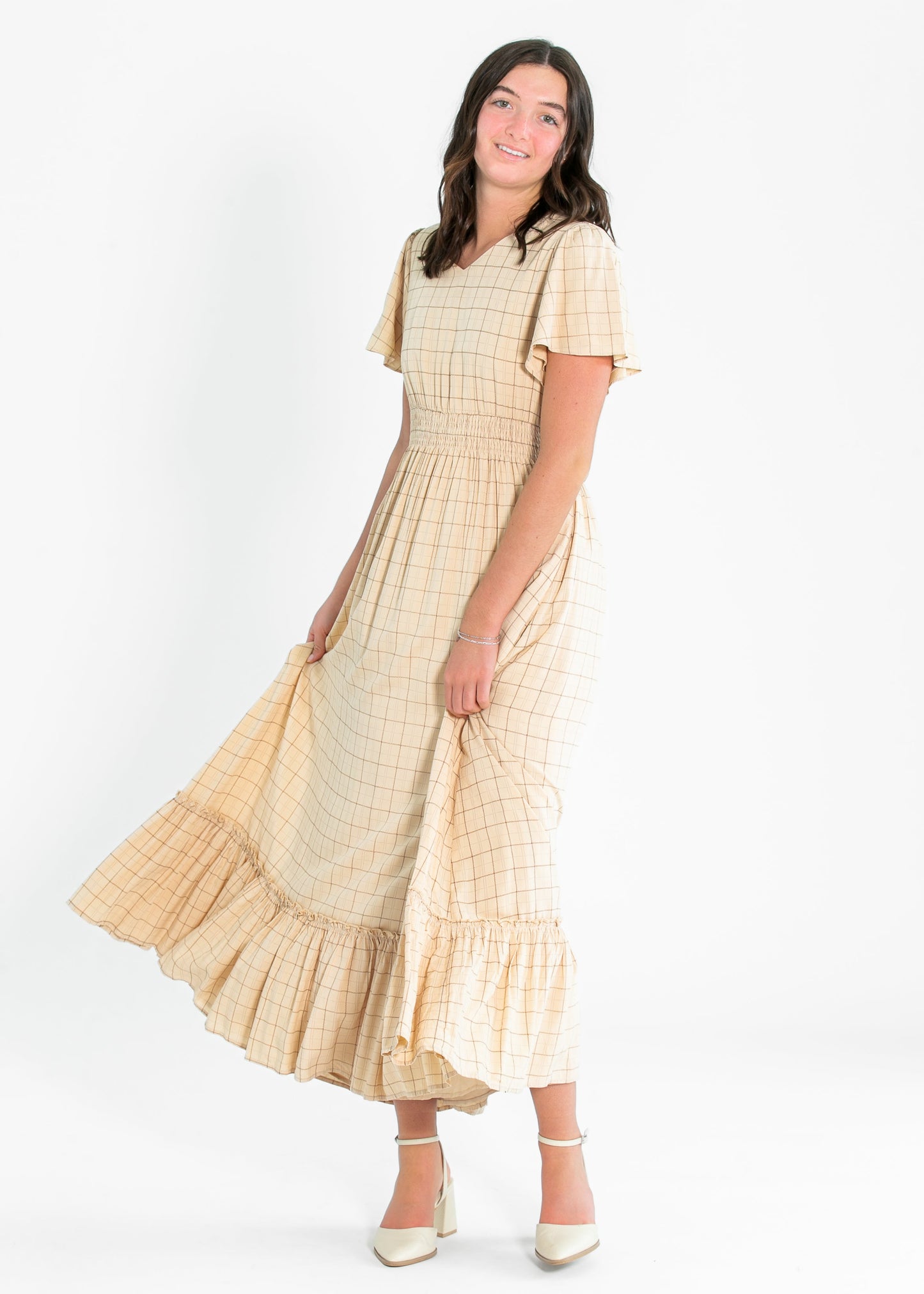 Isabella Taupe Windowpane Maxi Dress IC Dresses
