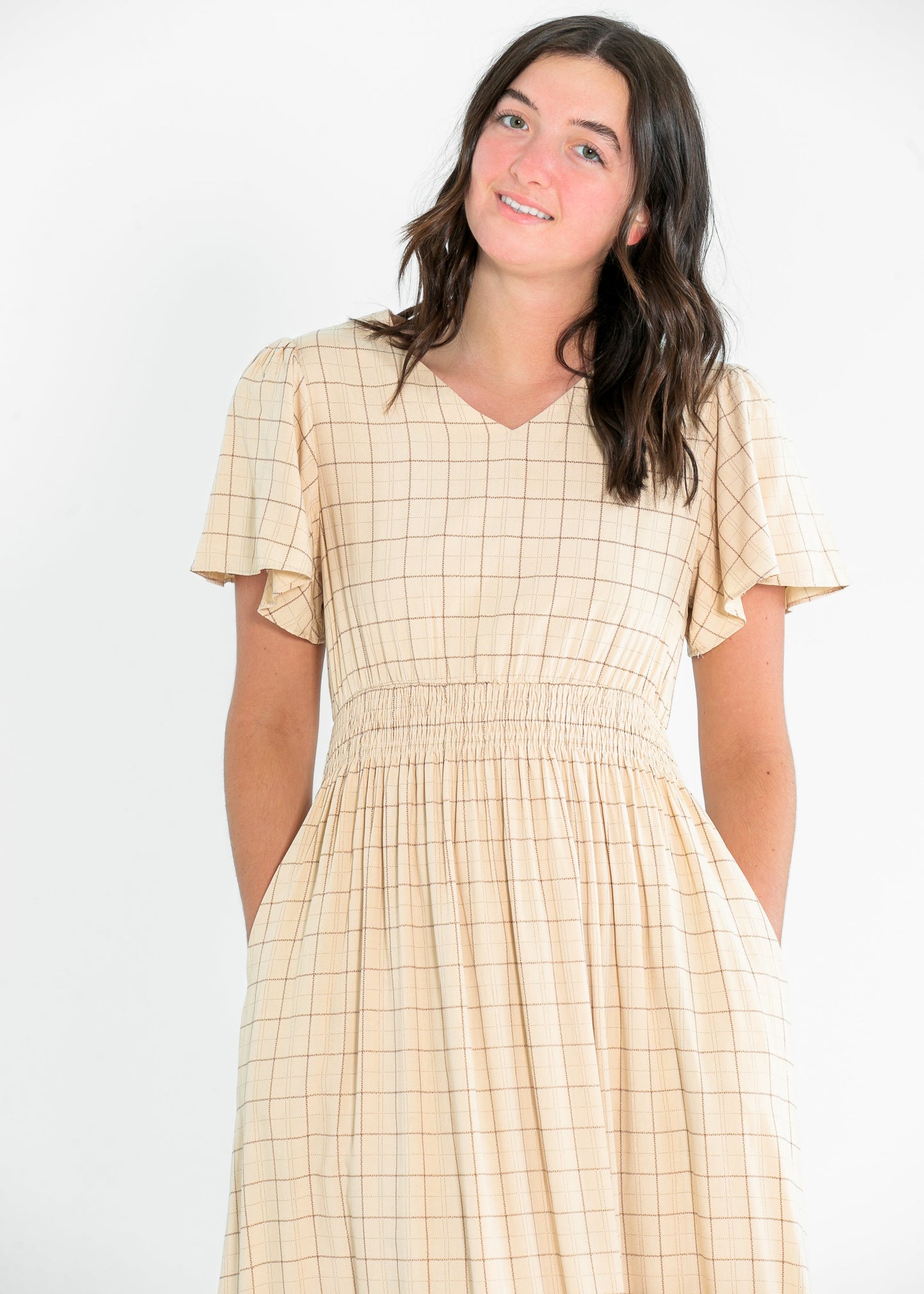 Isabella Taupe Windowpane Maxi Dress IC Dresses