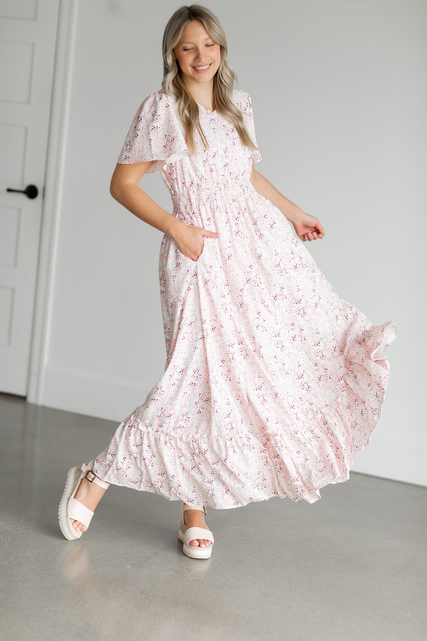 Isabella V Neck Flutter Sleeve Floral Maxi Dress IC Dresses
