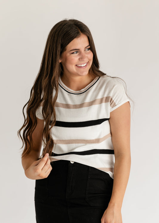 Ivory & Taupe Striped Cap Sleeve Knit Top FF Tops
