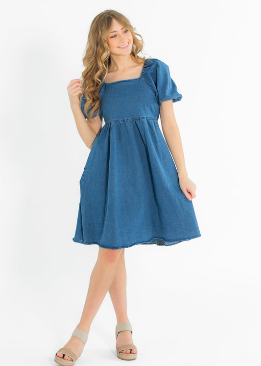 Jack Square Neck Puff Sleeve Denim Midi Dress FF Dresses