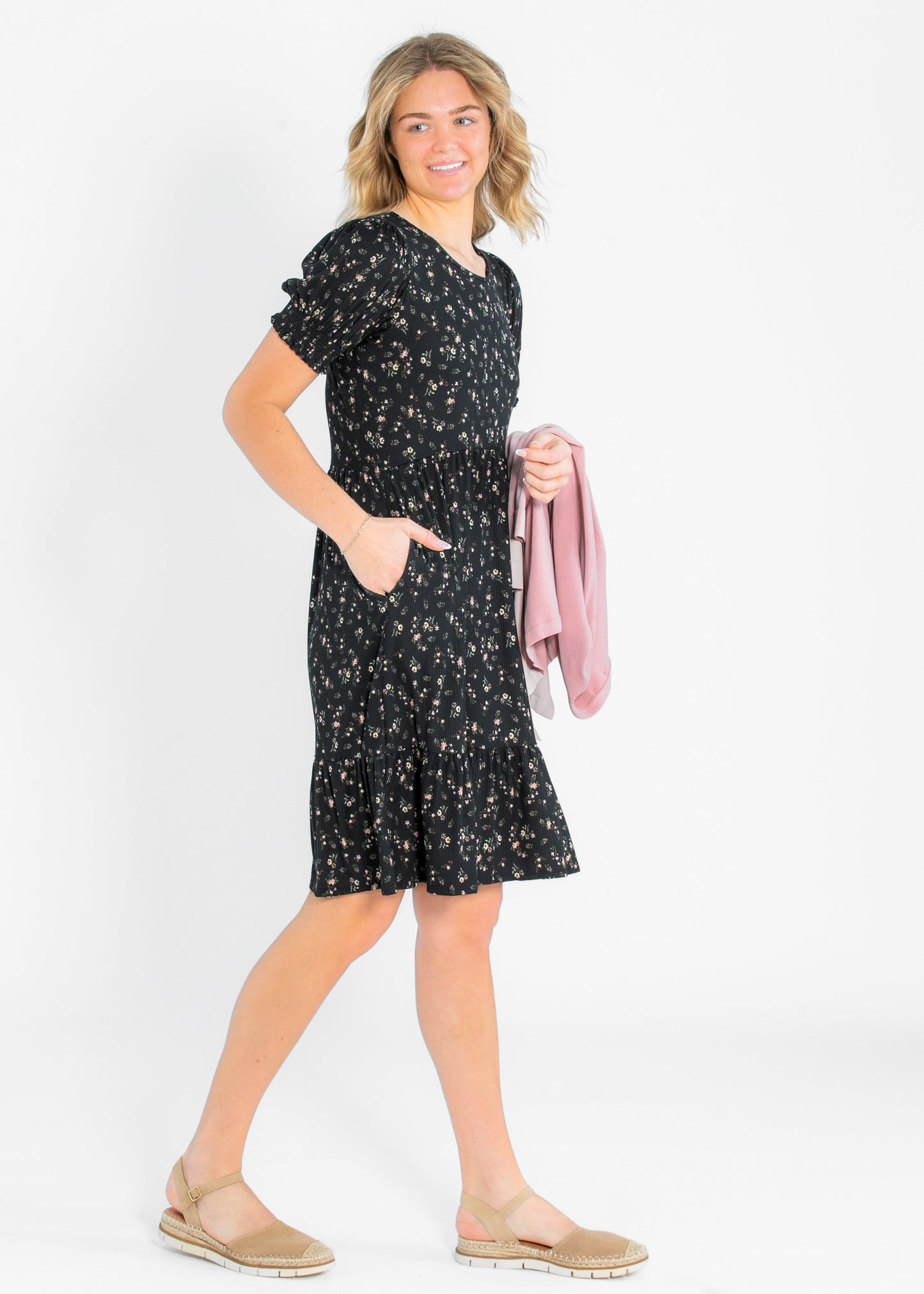 Jess Smocked Short Sleeve Midi Dress IC Dresses Black Floral / XS