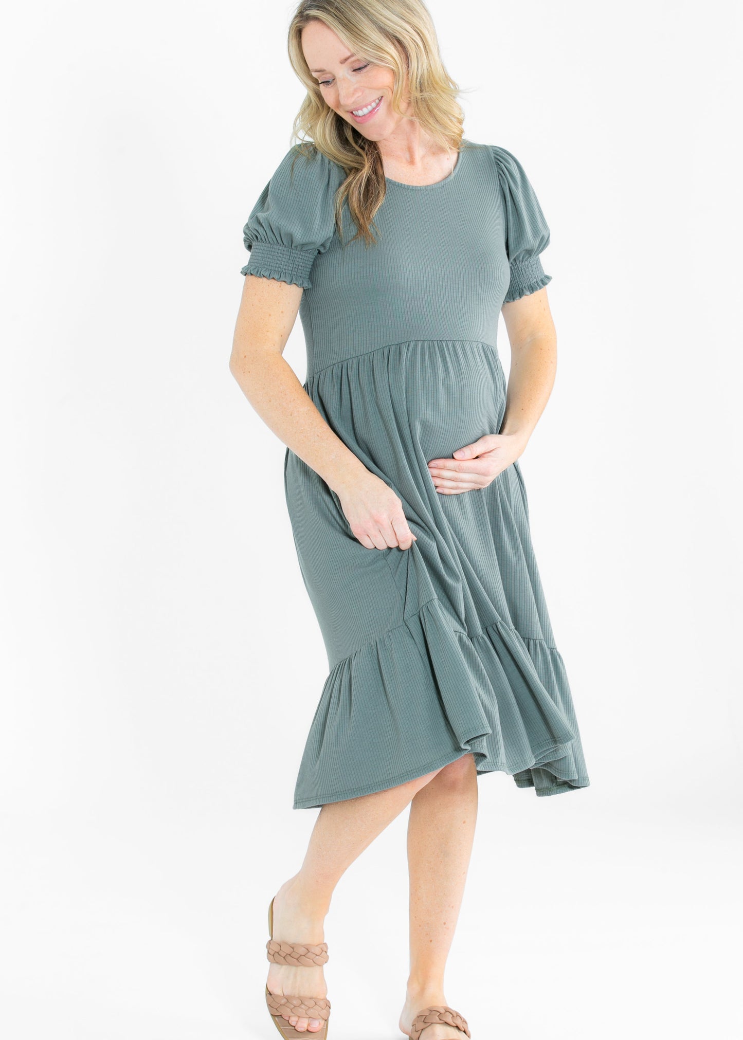 Jess Smocked Short Sleeve Midi Dress IC Dresses Green / XS