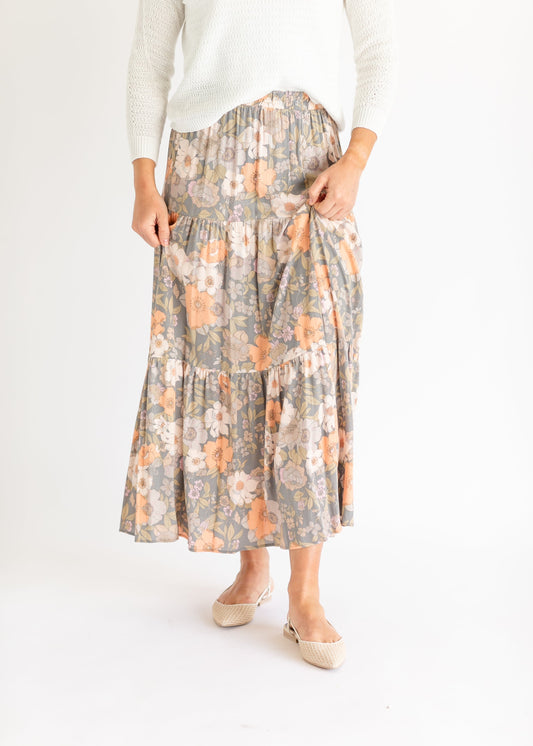 Jill Tropical Floral Tiered Maxi Skirt FF Skirts