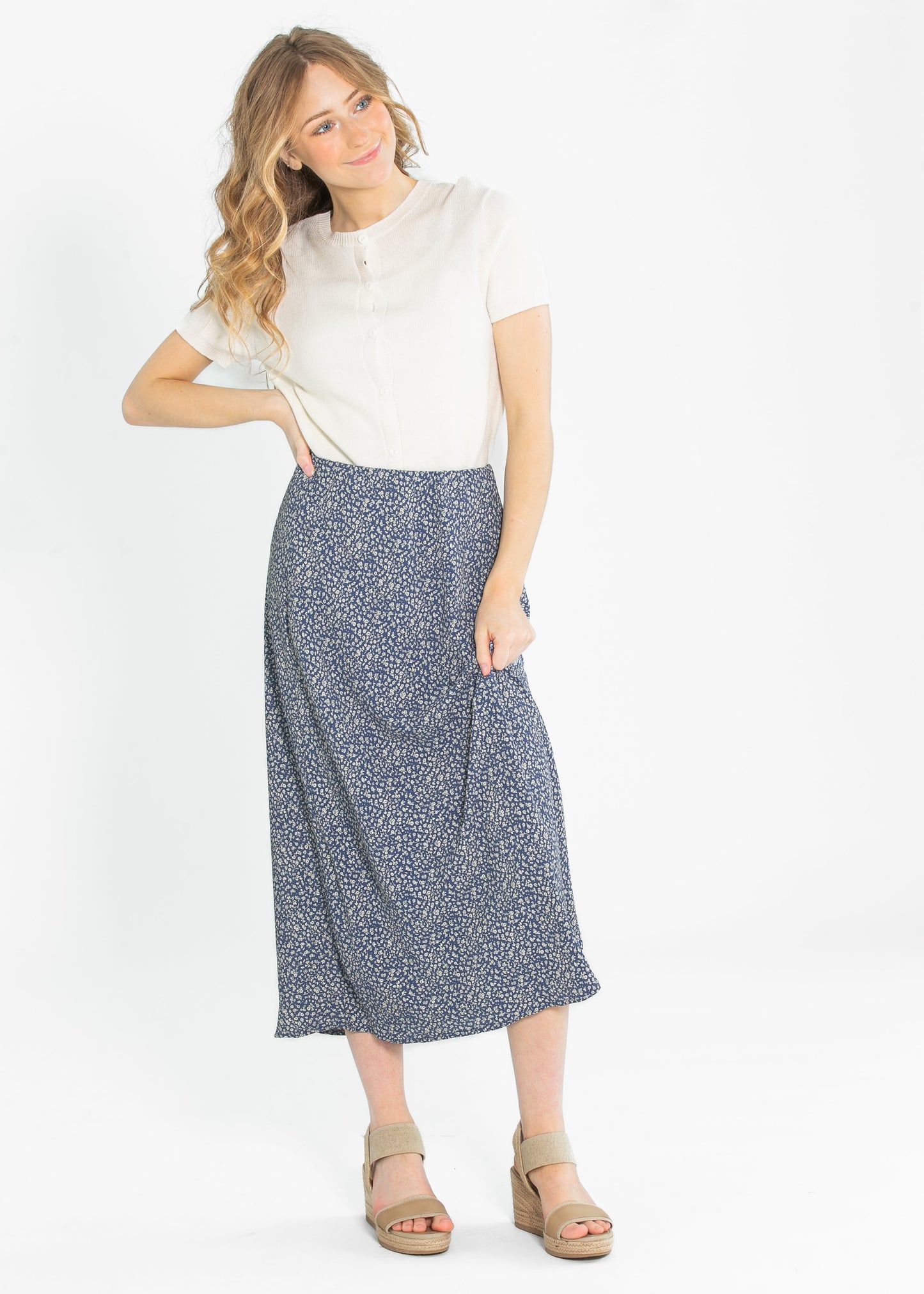June Floral Print Elastic Waist Midi Skirt FF Skirts