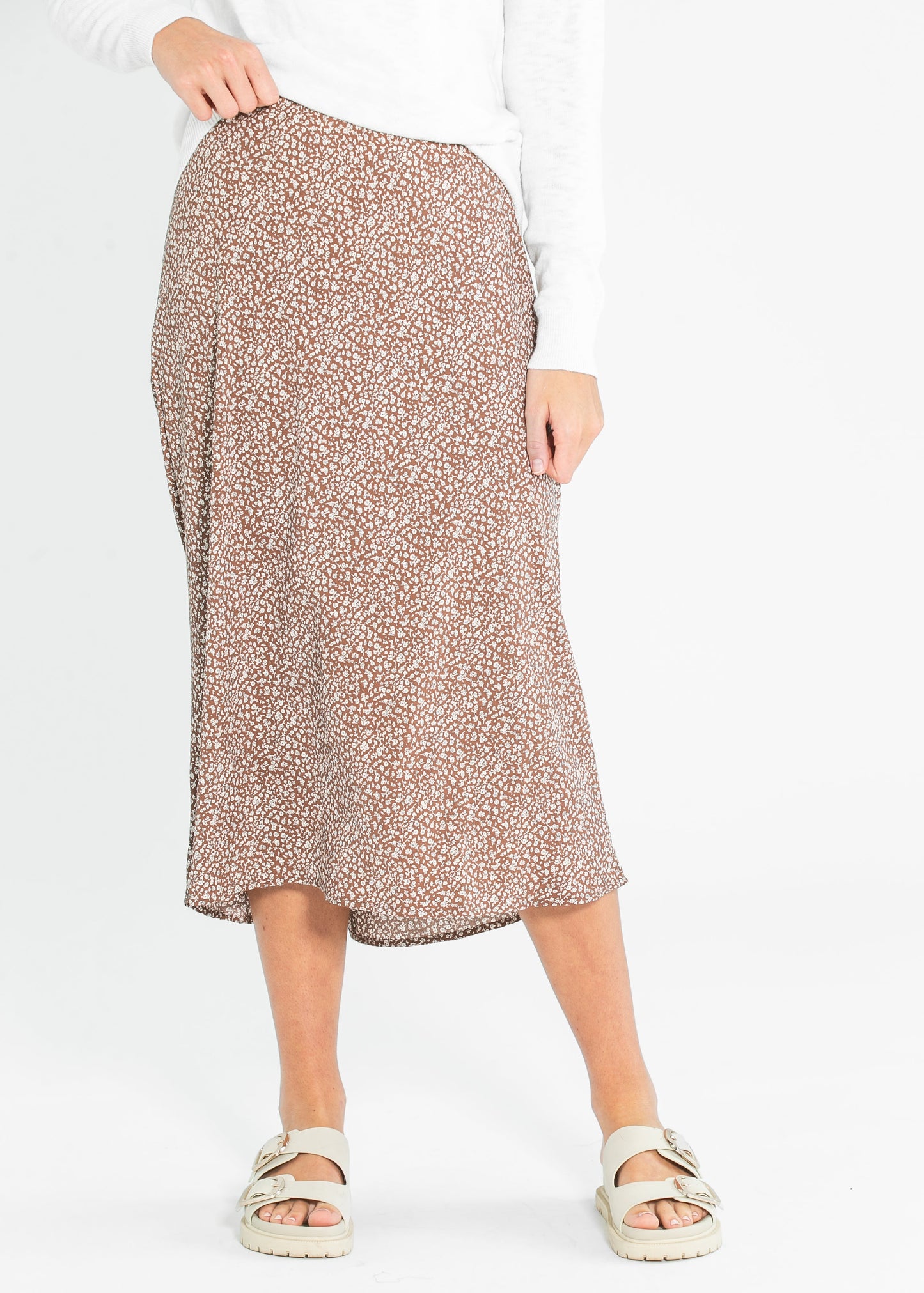 June Floral Print Elastic Waist Midi Skirt FF Skirts Brown / S