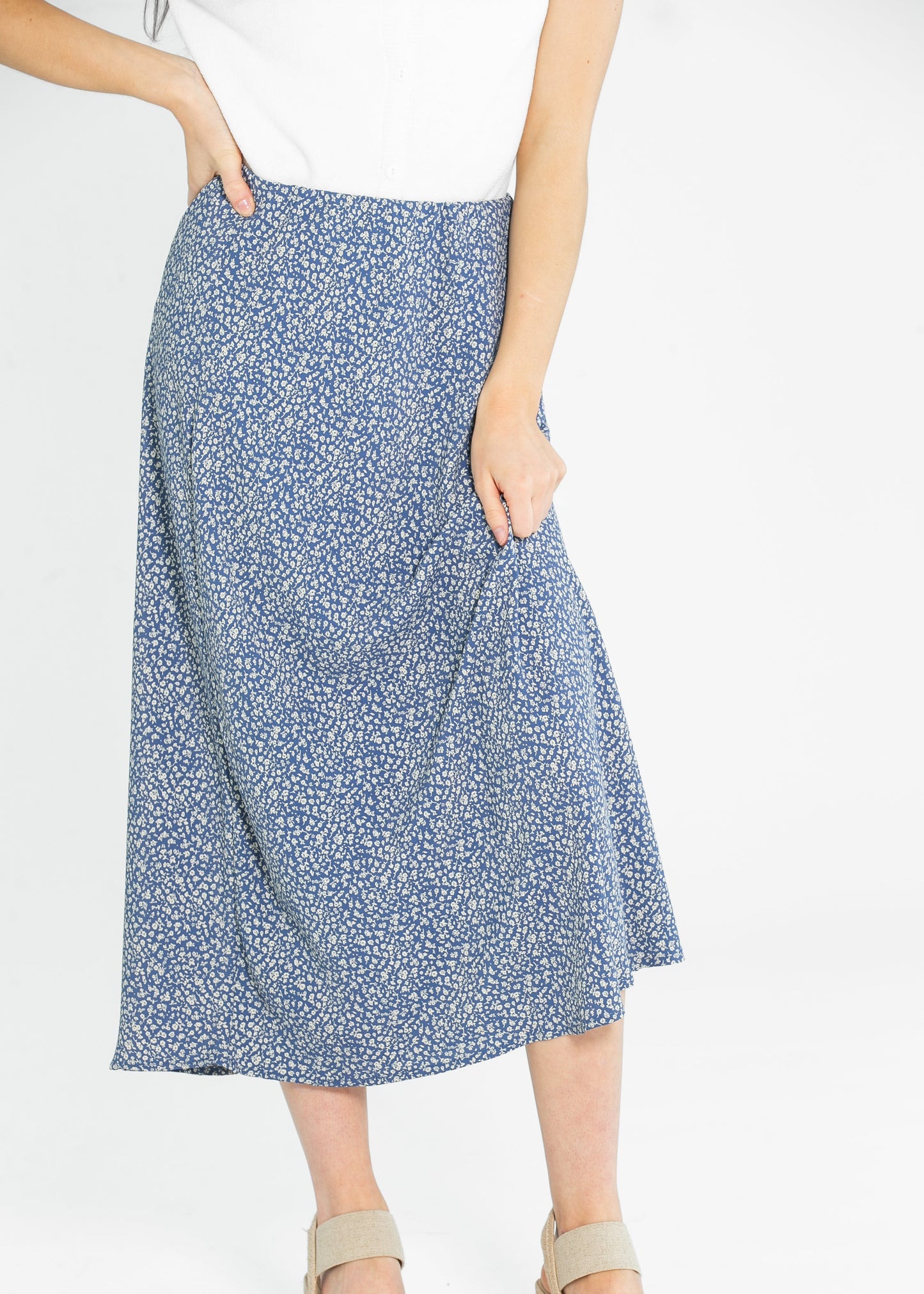 June Floral Print Elastic Waist Midi Skirt FF Skirts Dusty Indigo / S