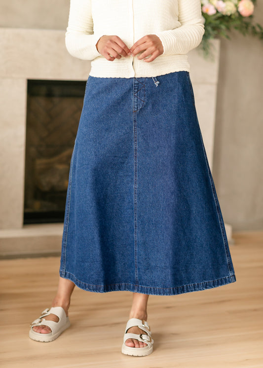 Karly Drawstring Denim Midi Skirt FF Skirts