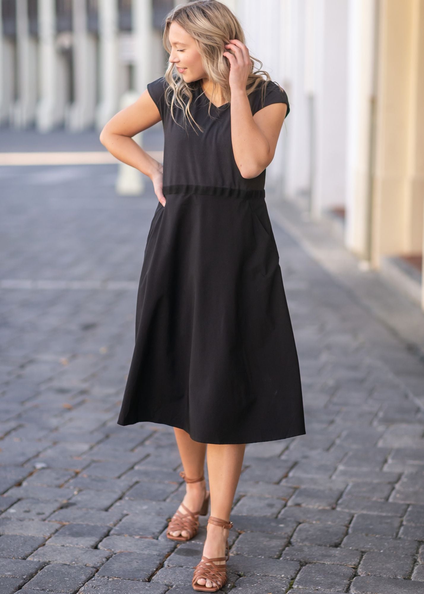 Kate Cap Sleeve Black Midi Dress IC Dresses