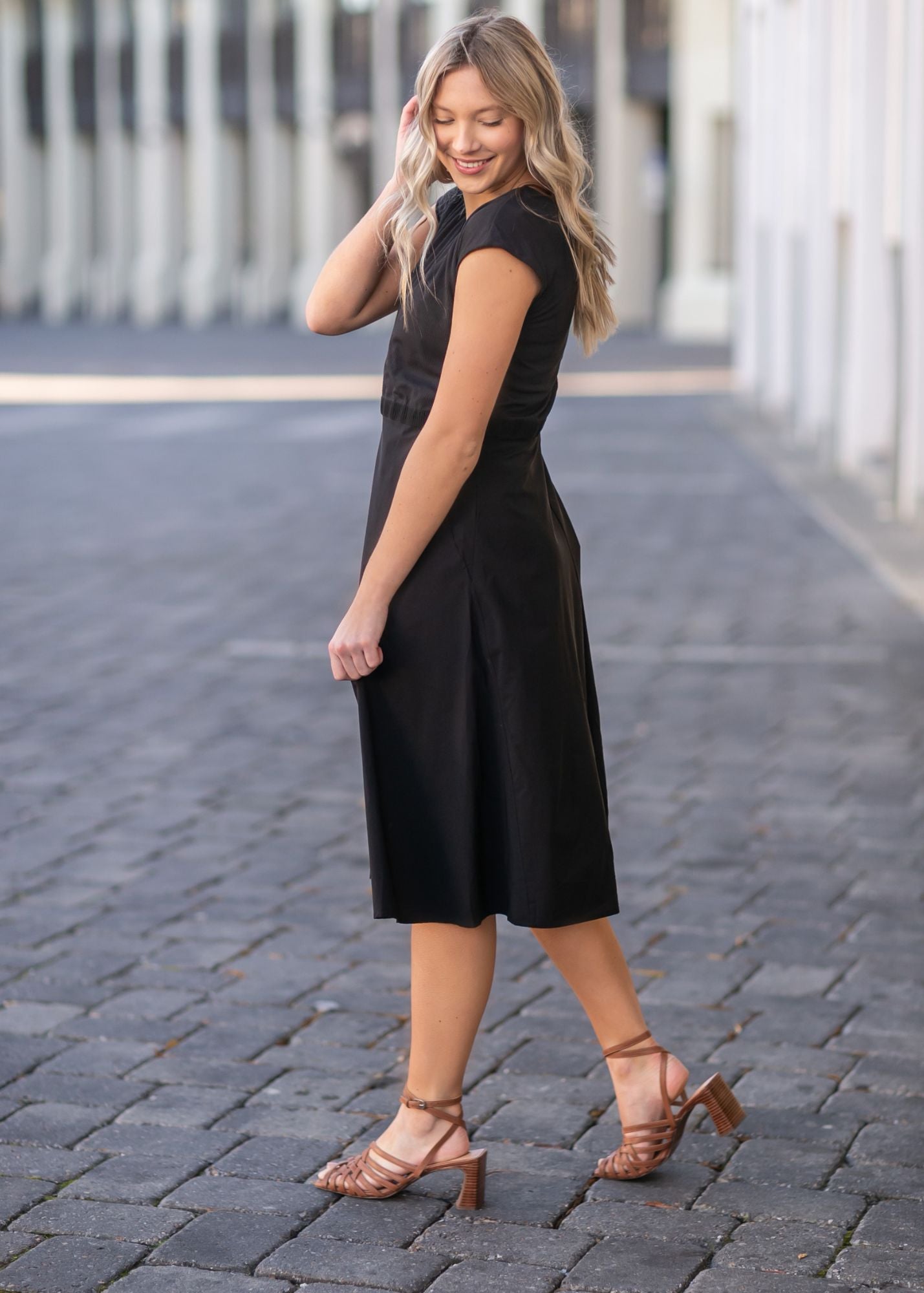 Kate Cap Sleeve Black Midi Dress IC Dresses