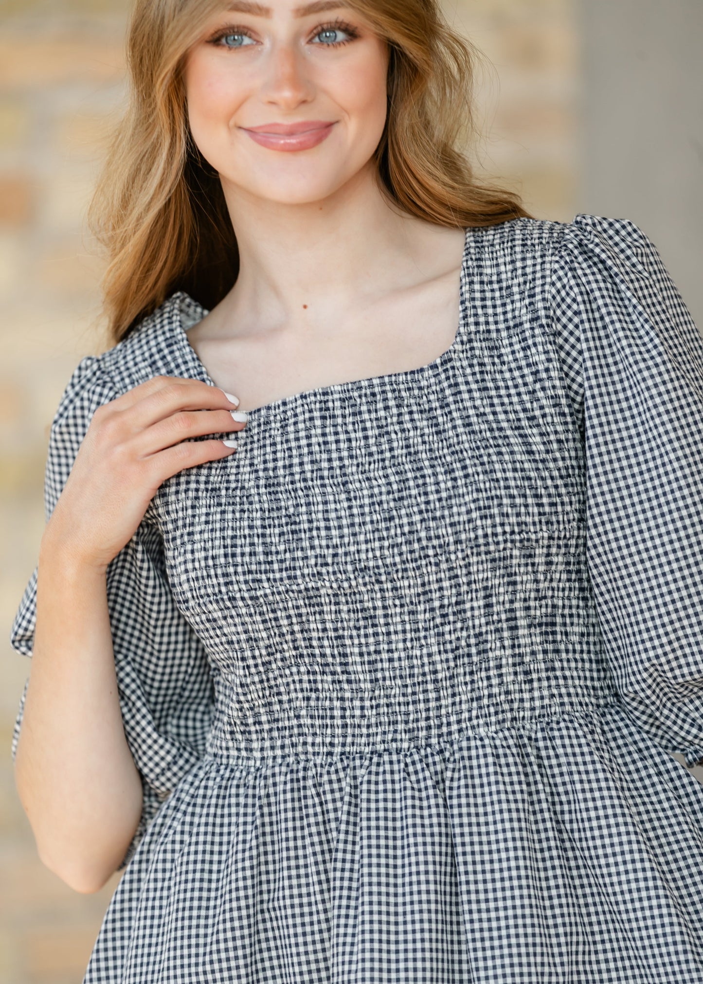 Kayleen Navy Gingham Smocked Maxi Dress IC Dresses
