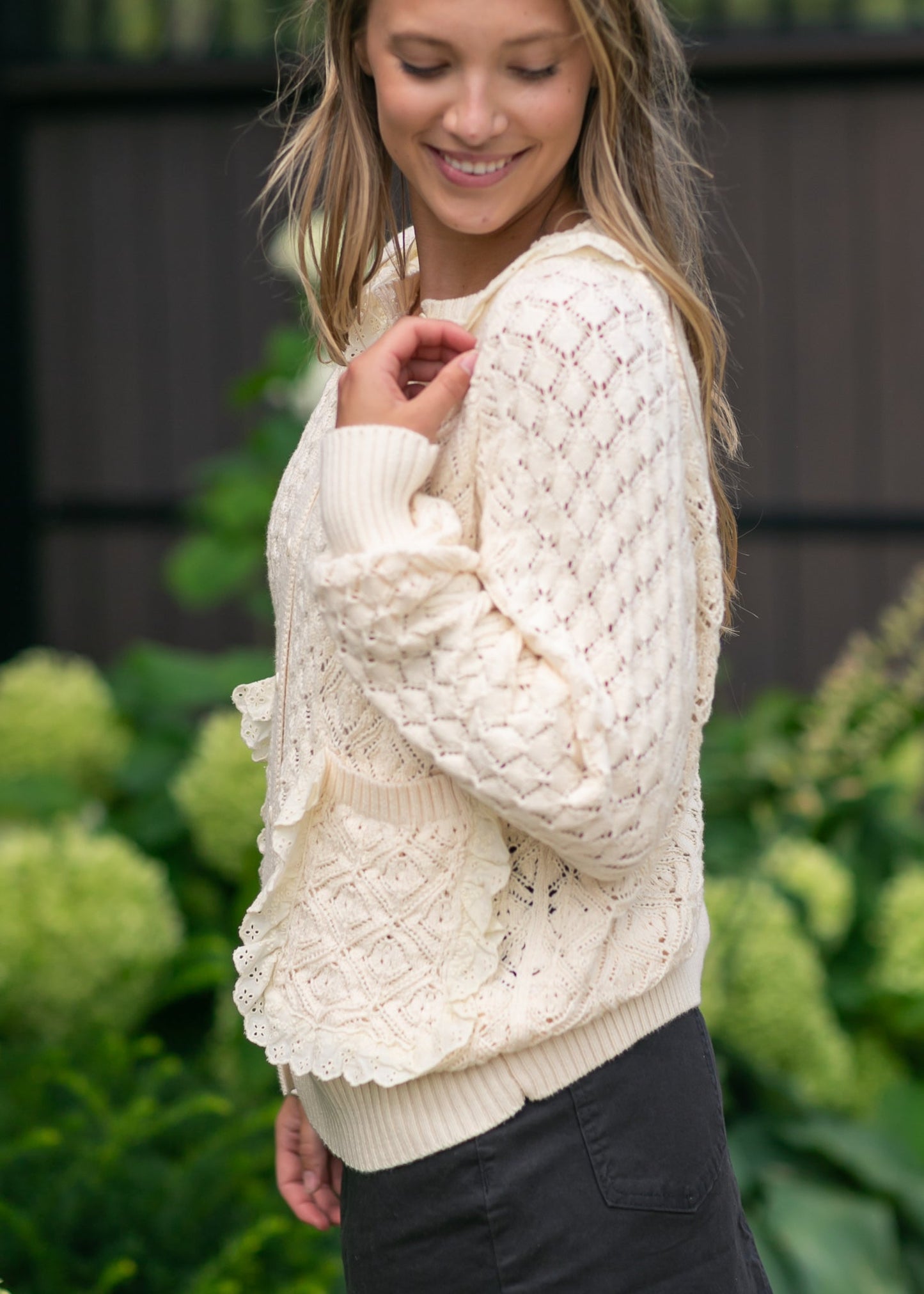 Knit Long Sleeve Ruffle Sweater FF Tops