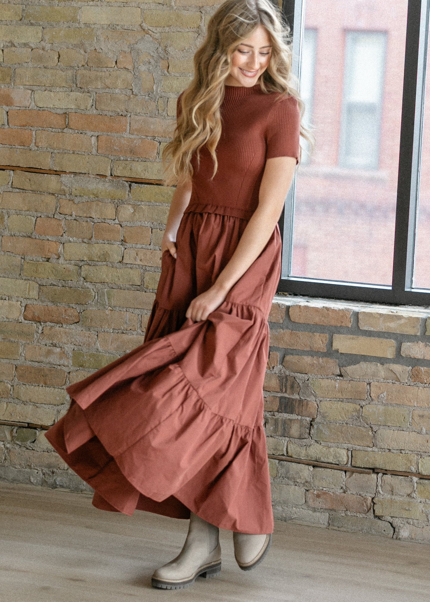 Knit Mix Mock Neck Maxi Dress FF Dresses