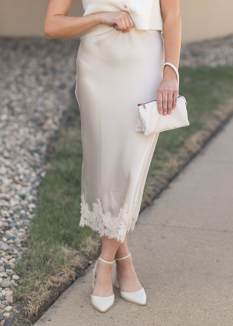 Lace Detail Satin Midi Skirt, Large