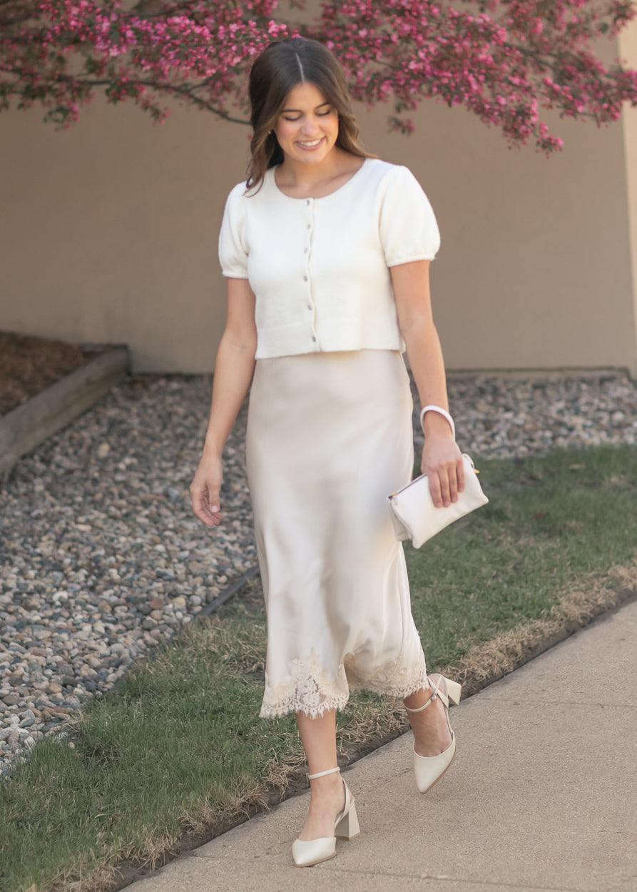Lace Detail Satin Midi Skirt FF Skirts