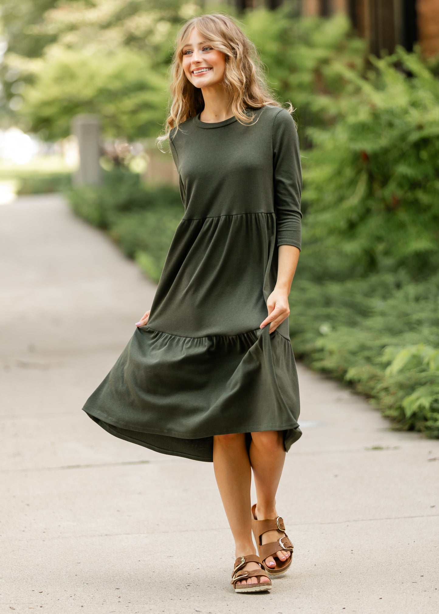 Lacy Ribbed Midi Dress FF Dresses Green / S