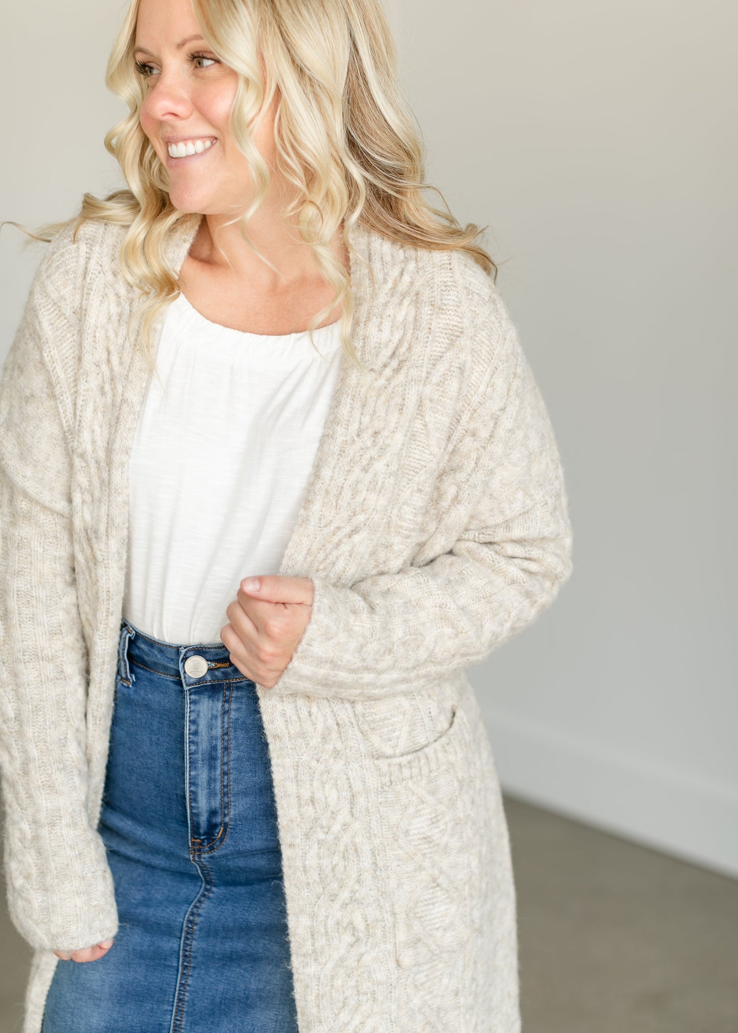 Lanai Cable Knit Long Cardigan FF Tops