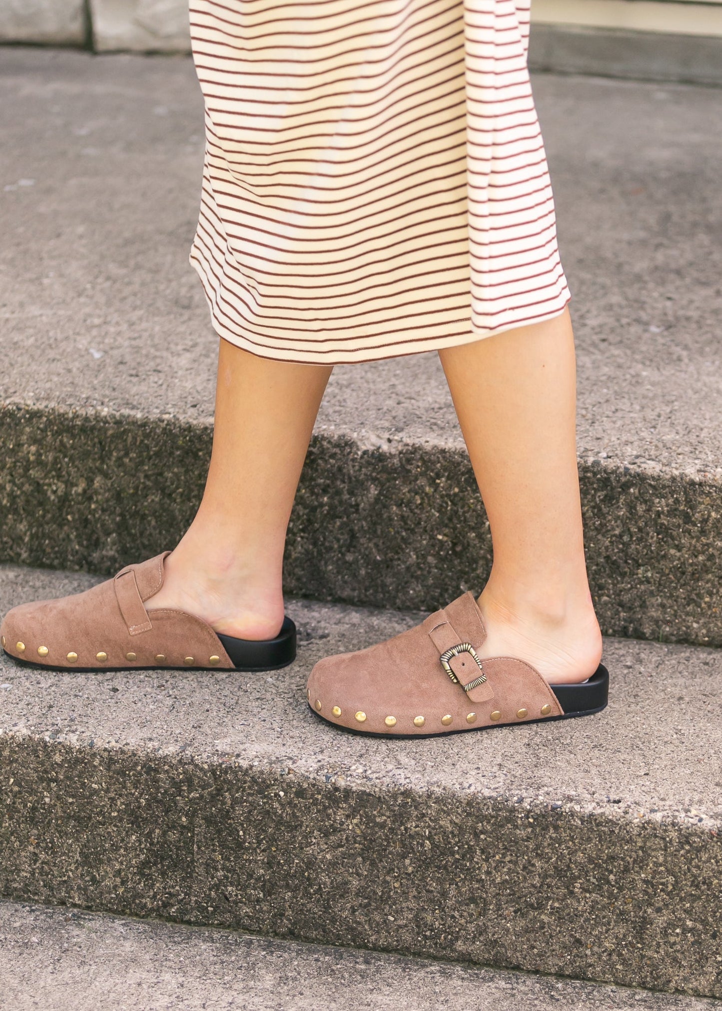 Latte Studded Buckle Clog Shoes