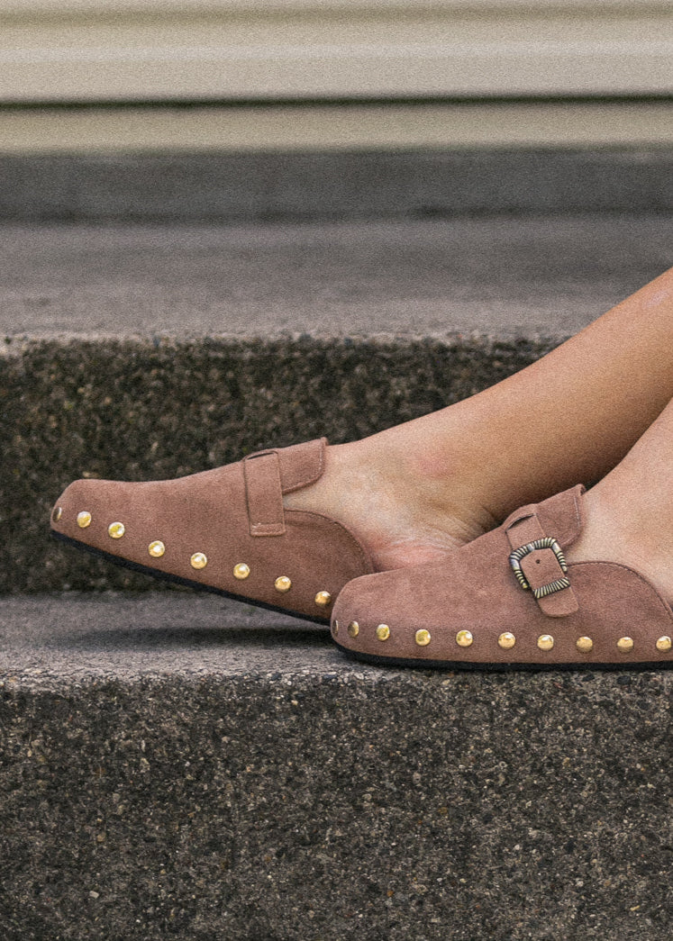 Latte Studded Buckle Clog Shoes