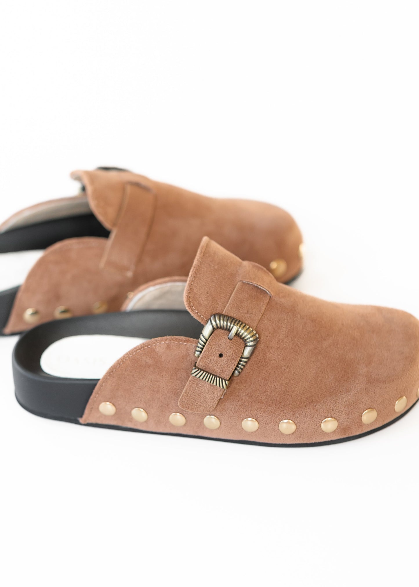 Latte Studded Buckle Clog Shoes