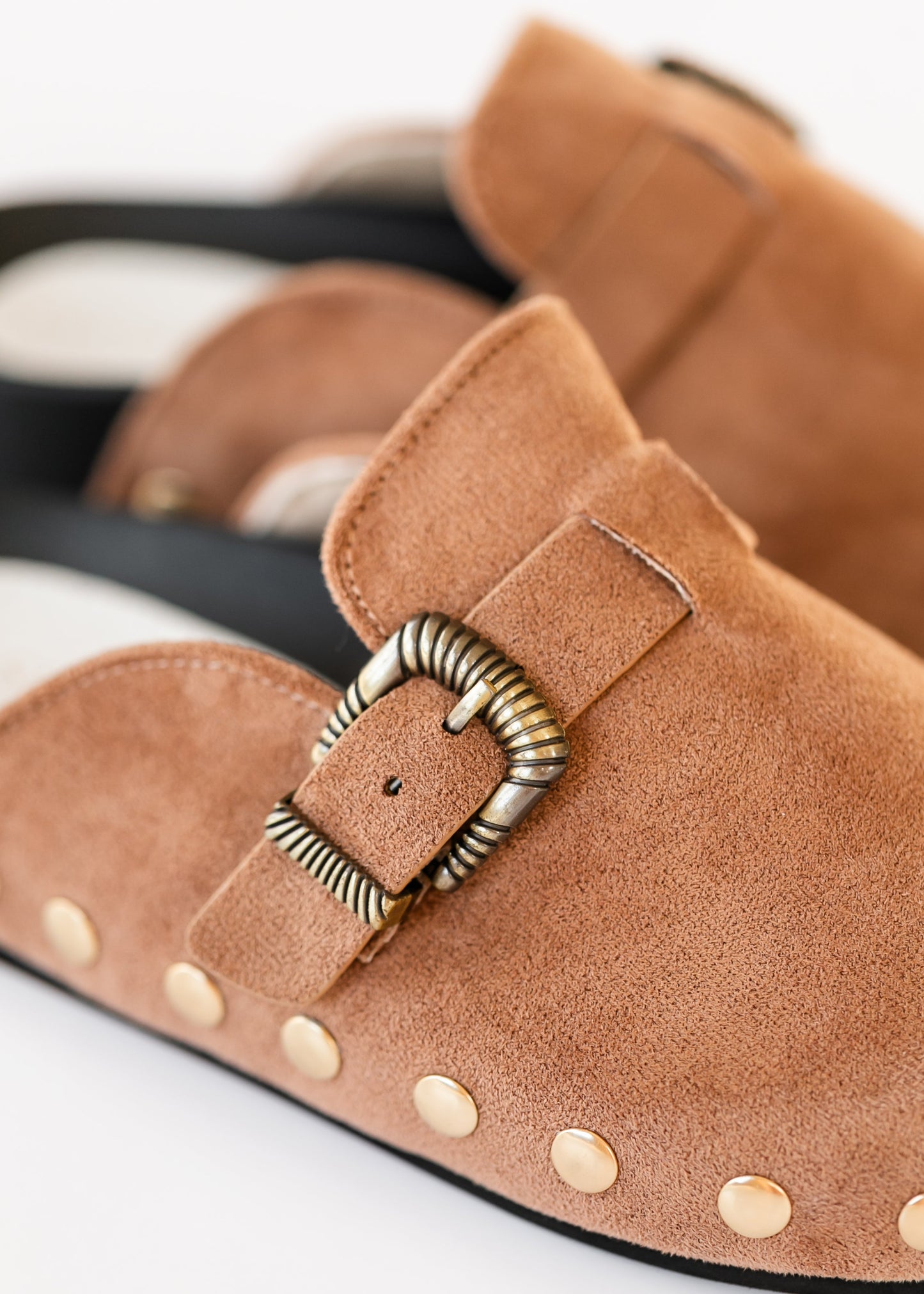 Latte Studded Buckle Clog Shoes