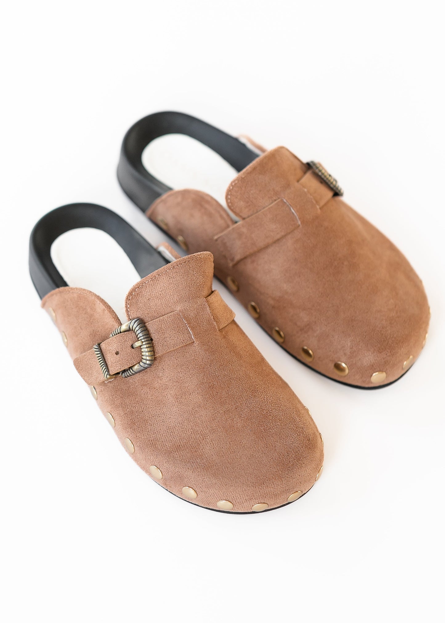 Latte Studded Buckle Clog Shoes