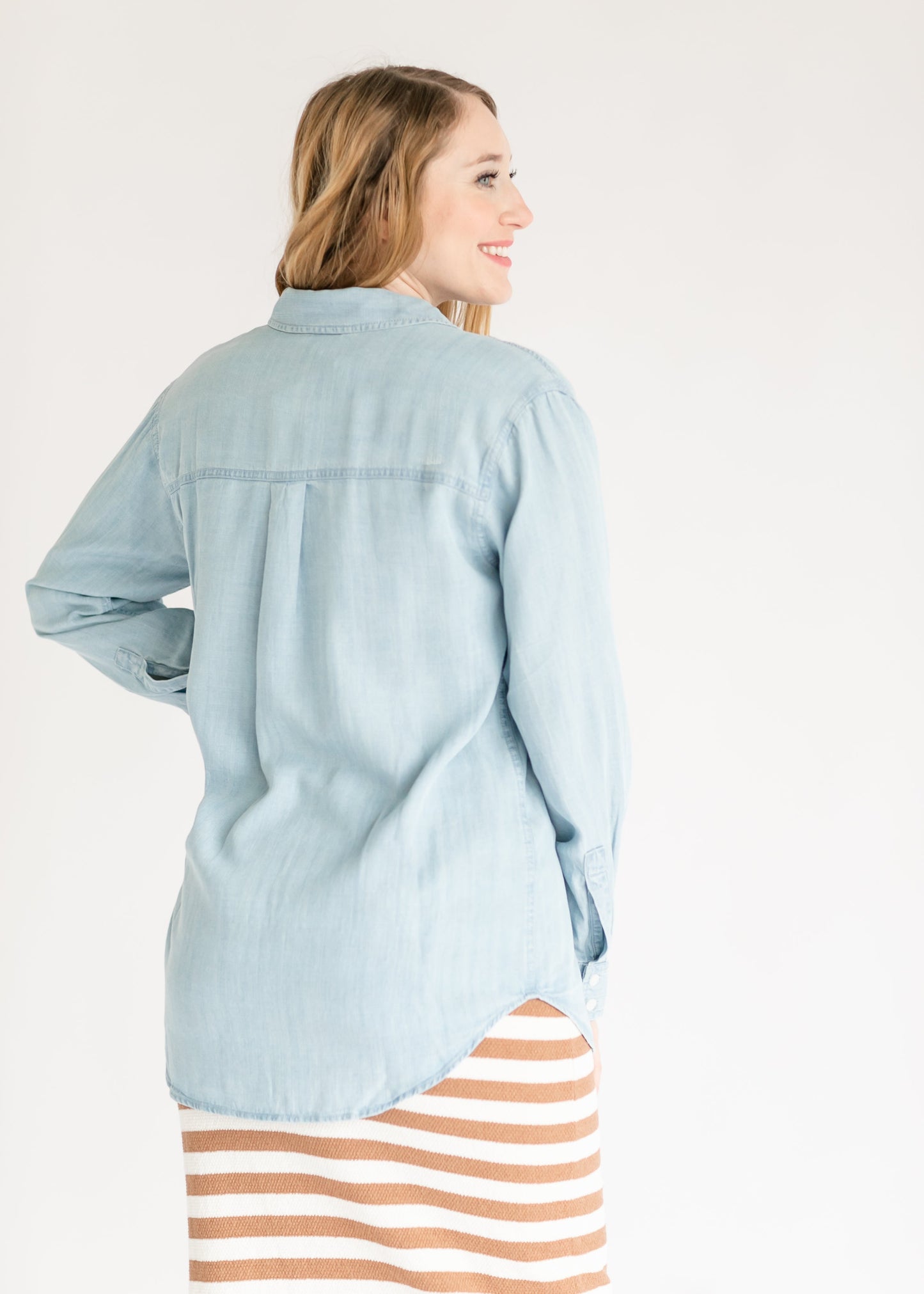 Light Blue Chambray Button Up Top FF Tops