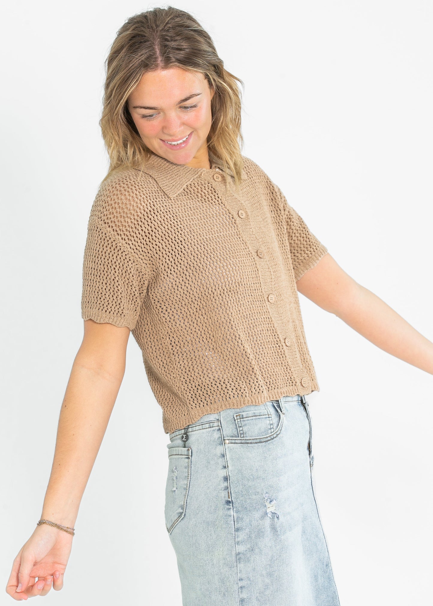 Lightweight Knit Collared Short Sleeve Top FF Tops