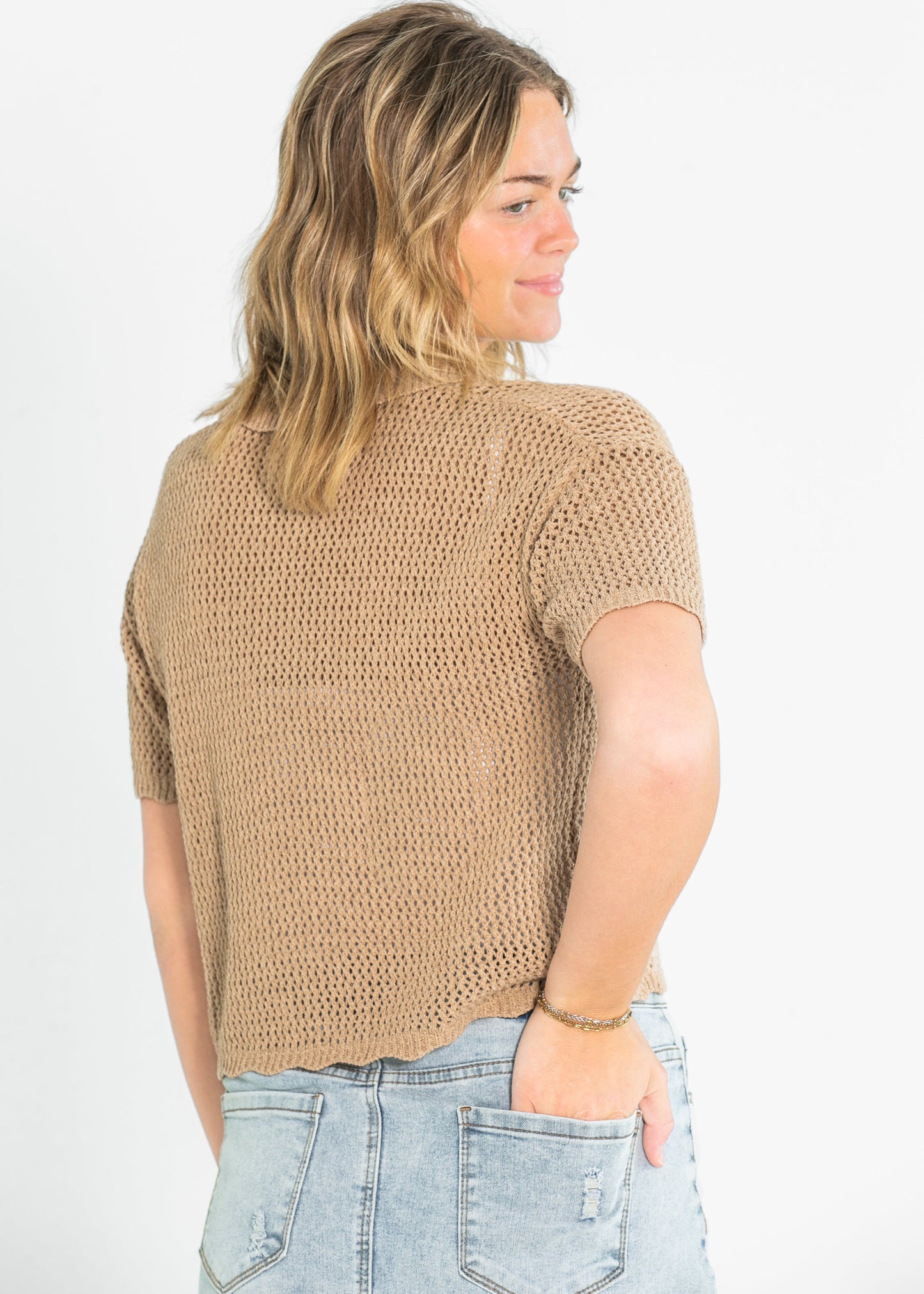 Lightweight Knit Collared Short Sleeve Top FF Tops