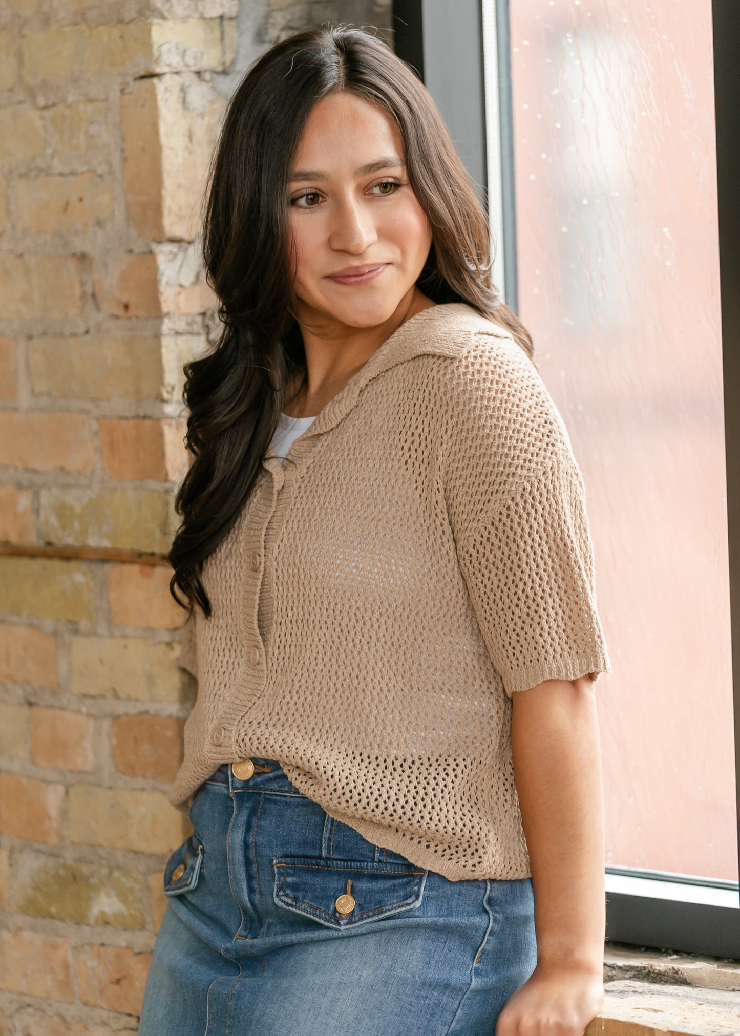 Lightweight Knit Collared Short Sleeve Top FF Tops