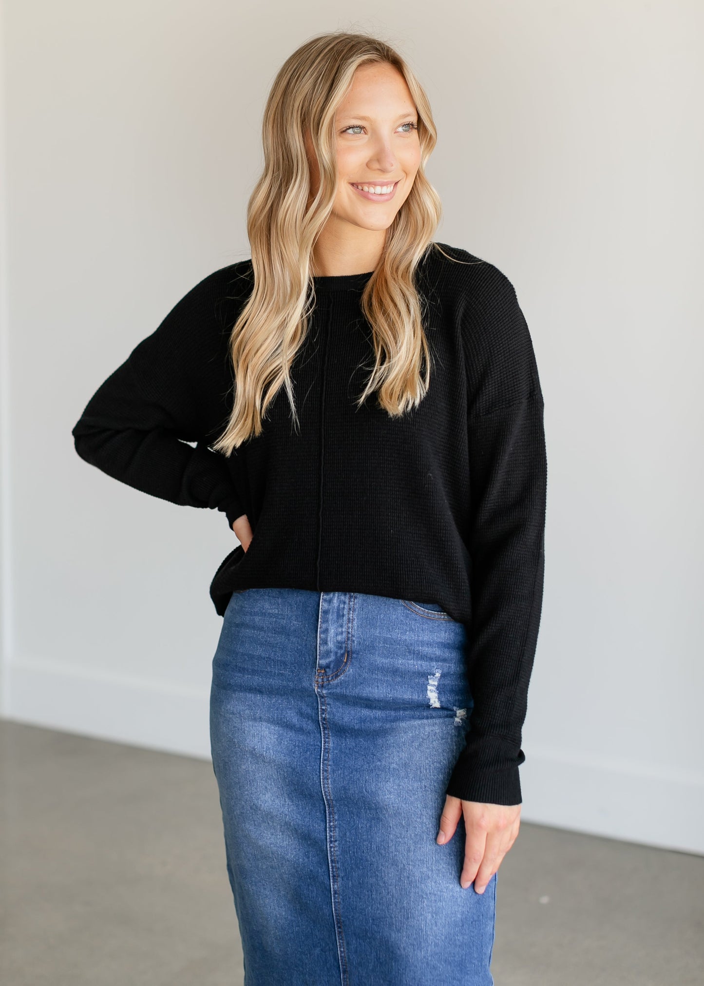 Lightweight Waffle Crewneck Sweater FF Tops Black / S
