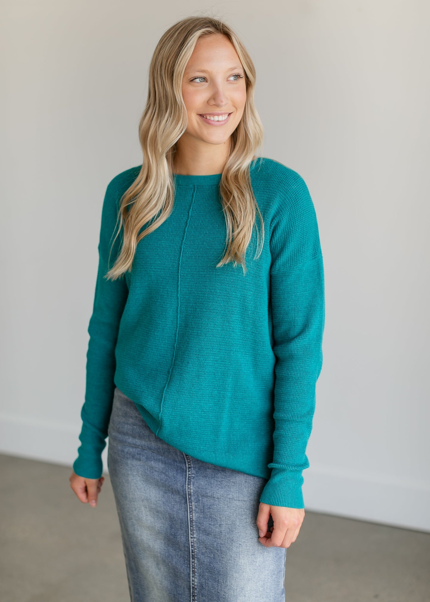 Lightweight Waffle Crewneck Sweater FF Tops Teal / S