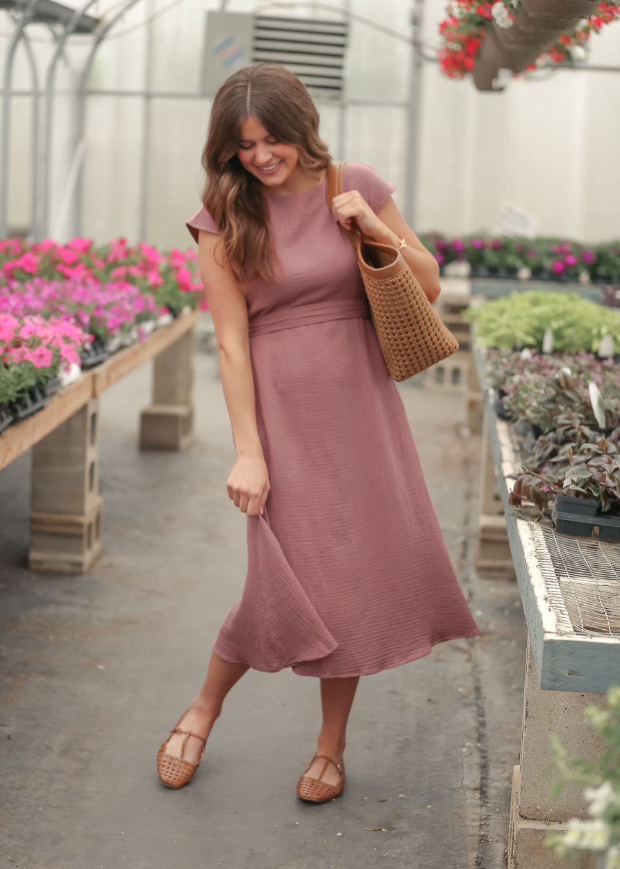 Lily Mauve Gauze Belted Midi Dress, Small