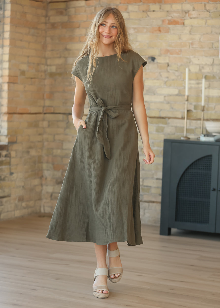 Lily Olive Gauze Belted Midi Dress, XX Large