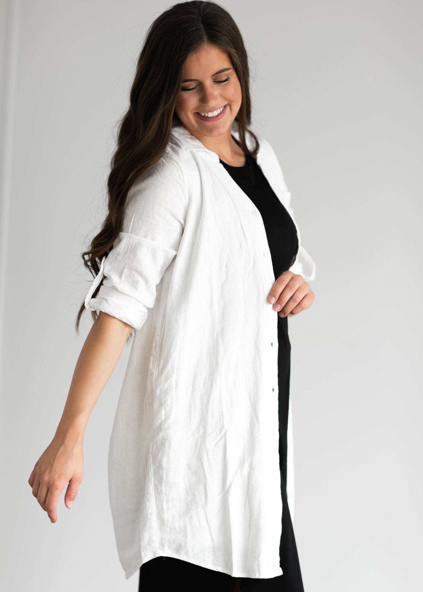 Linen Blend Cream Button Down Layering Top Dresses