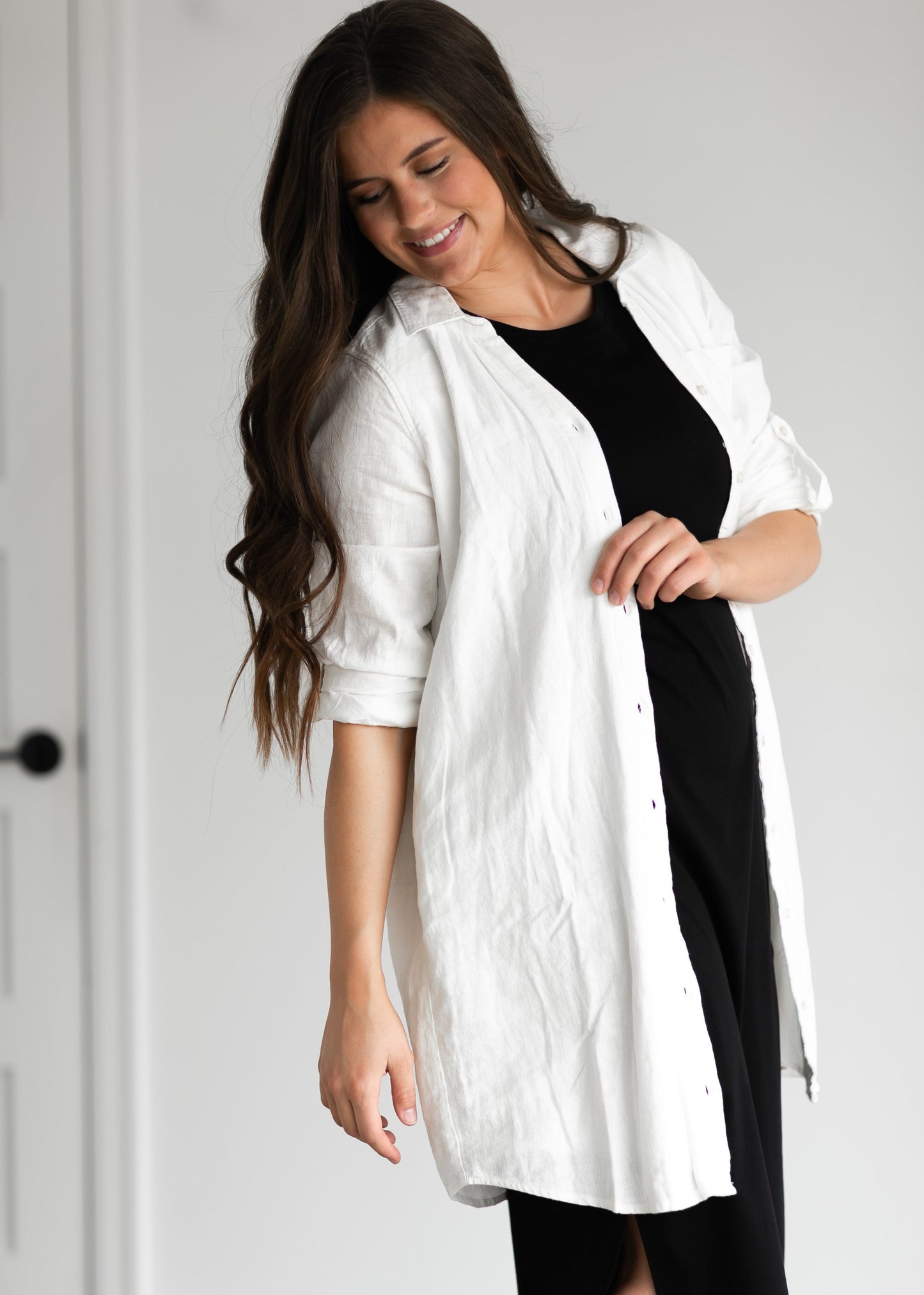 Linen Blend Cream Button Down Layering Top Dresses