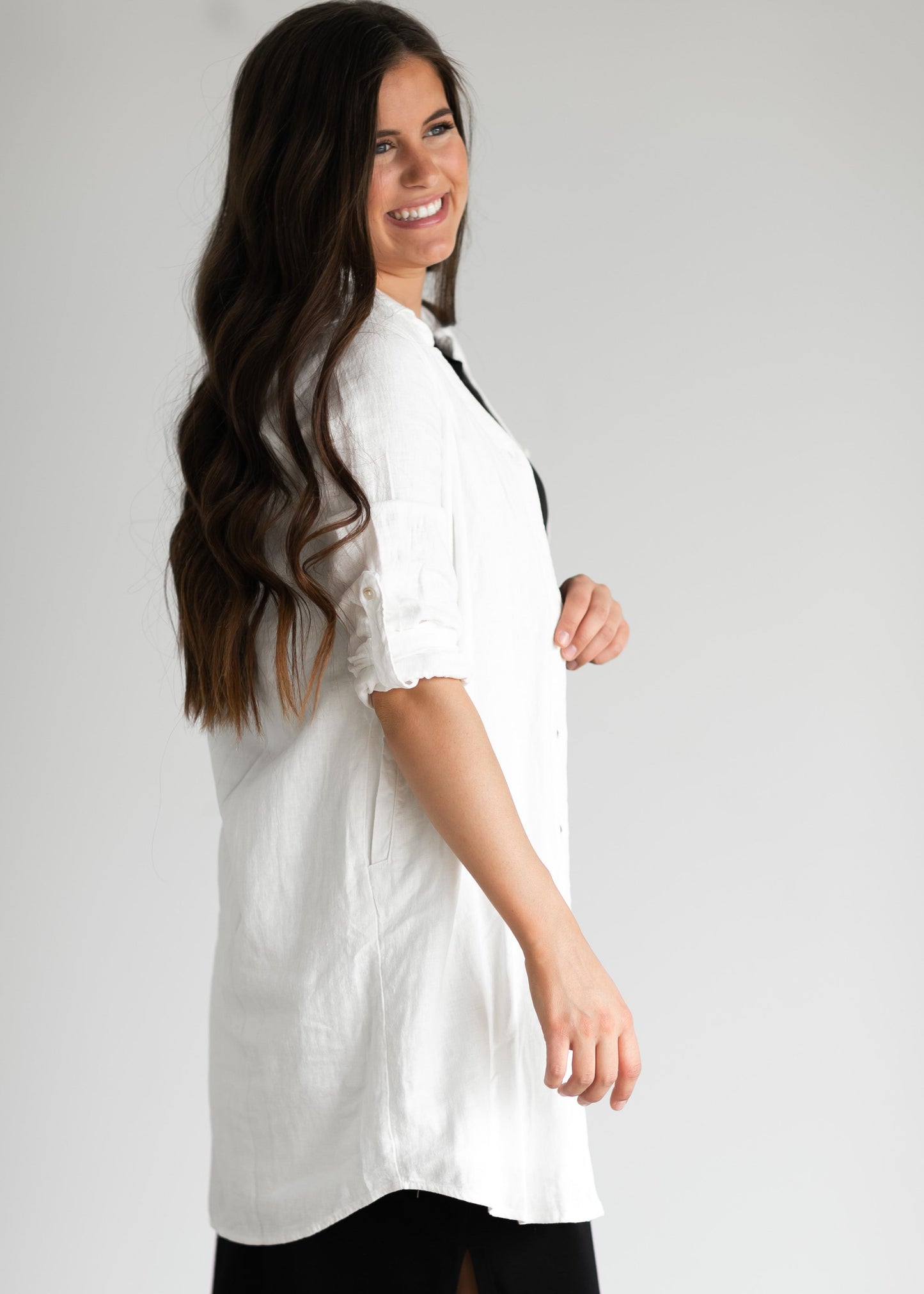 Linen Blend Cream Button Down Layering Top Dresses