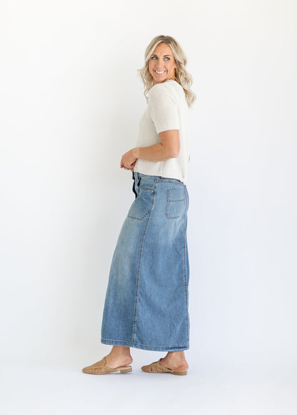 Liora Button Front Denim Maxi Skirt FF Skirts