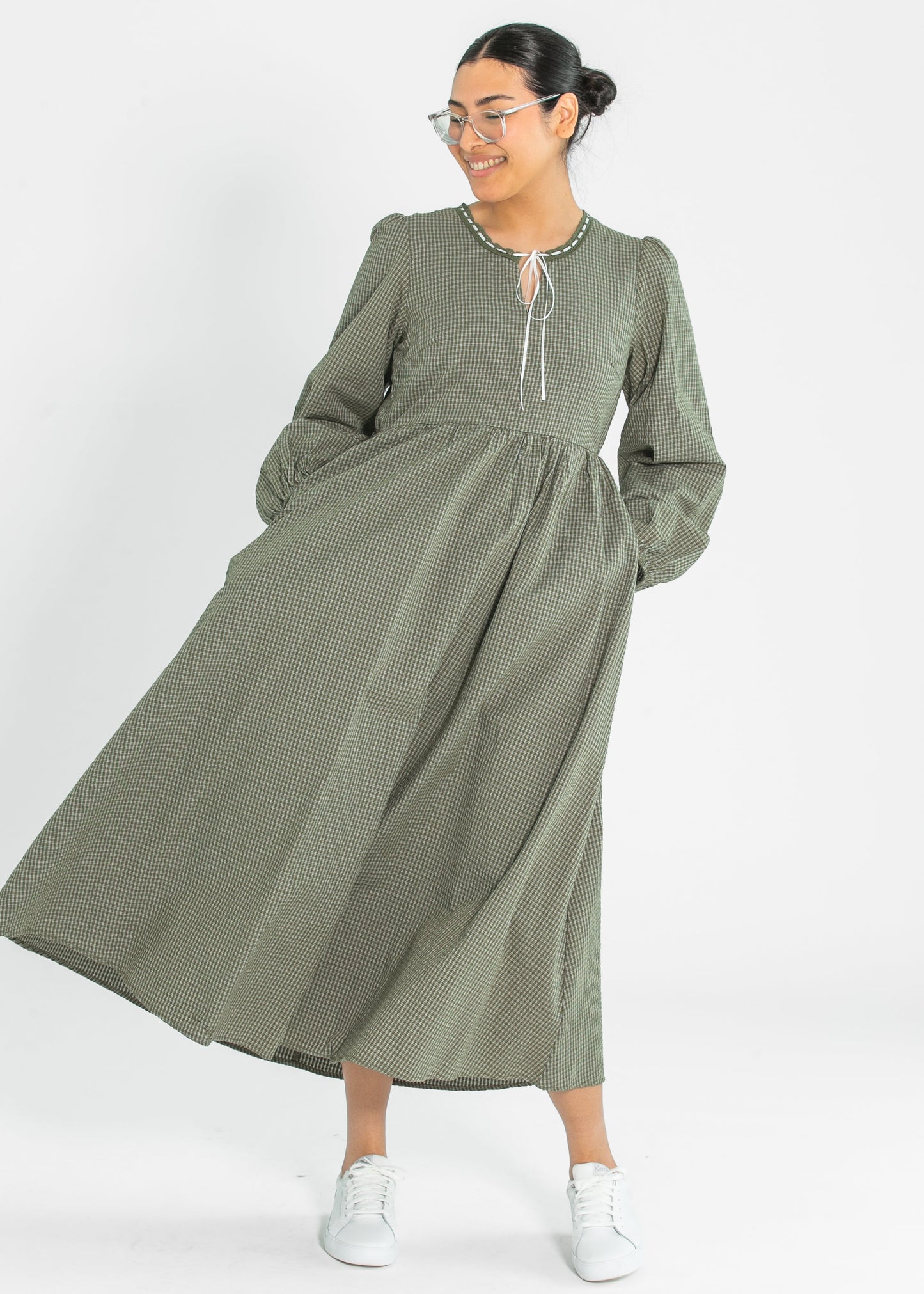 Long Sleeve Gingham Tie Detail Maxi Dress FF Dresses