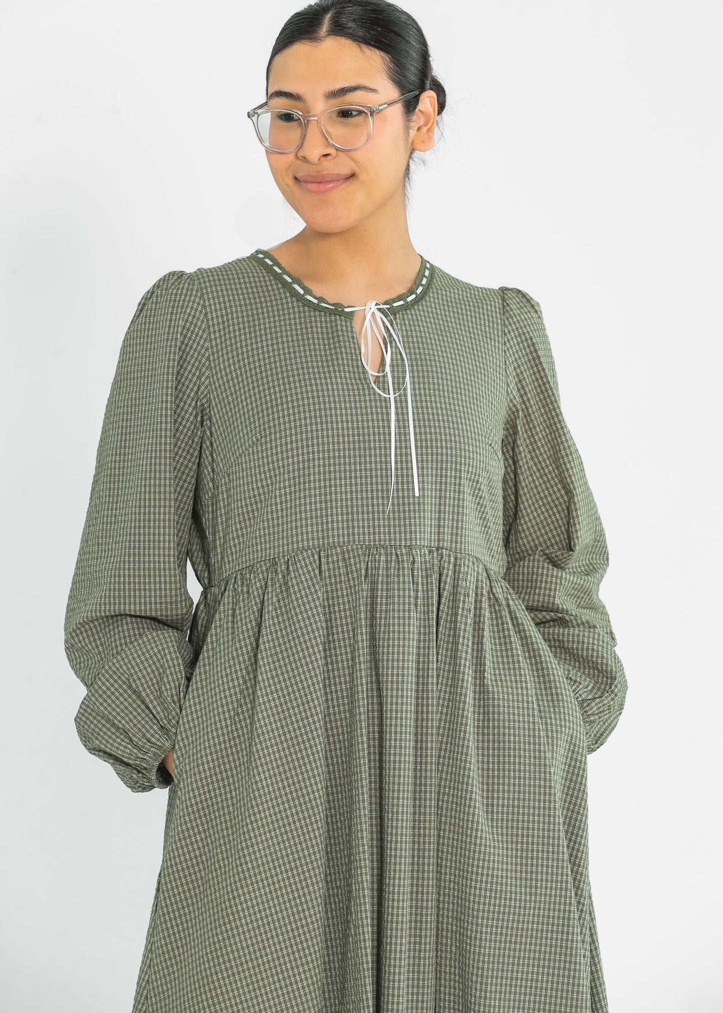 Long Sleeve Gingham Tie Detail Maxi Dress FF Dresses
