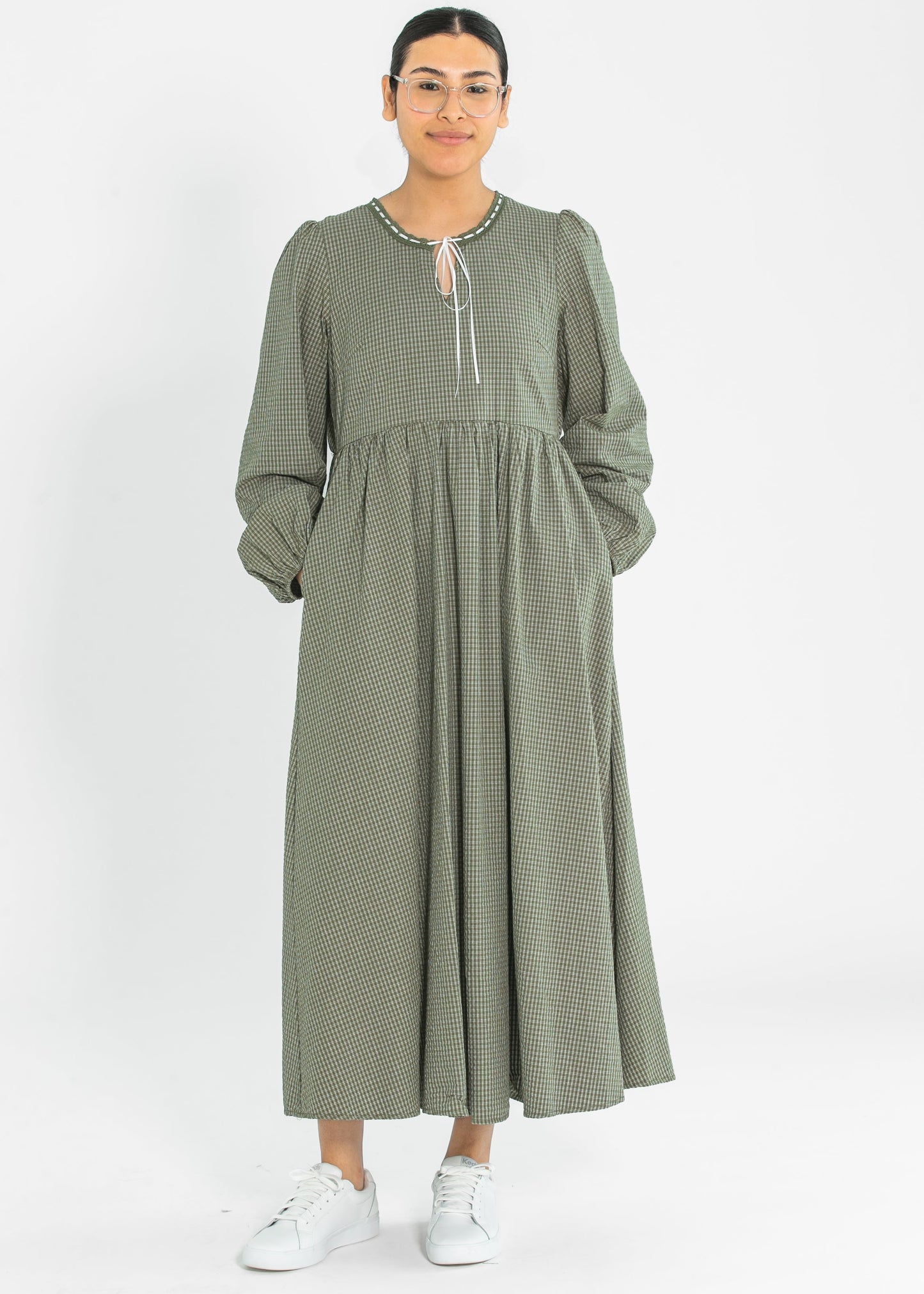 Long Sleeve Gingham Tie Detail Maxi Dress FF Dresses