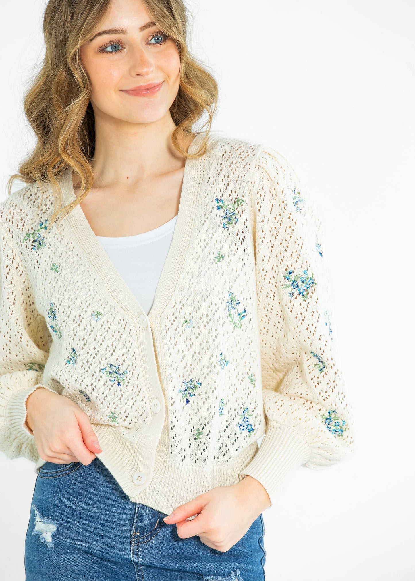 Long Sleeve Pointelle Embroidered Cardigan FF Layering Essentials