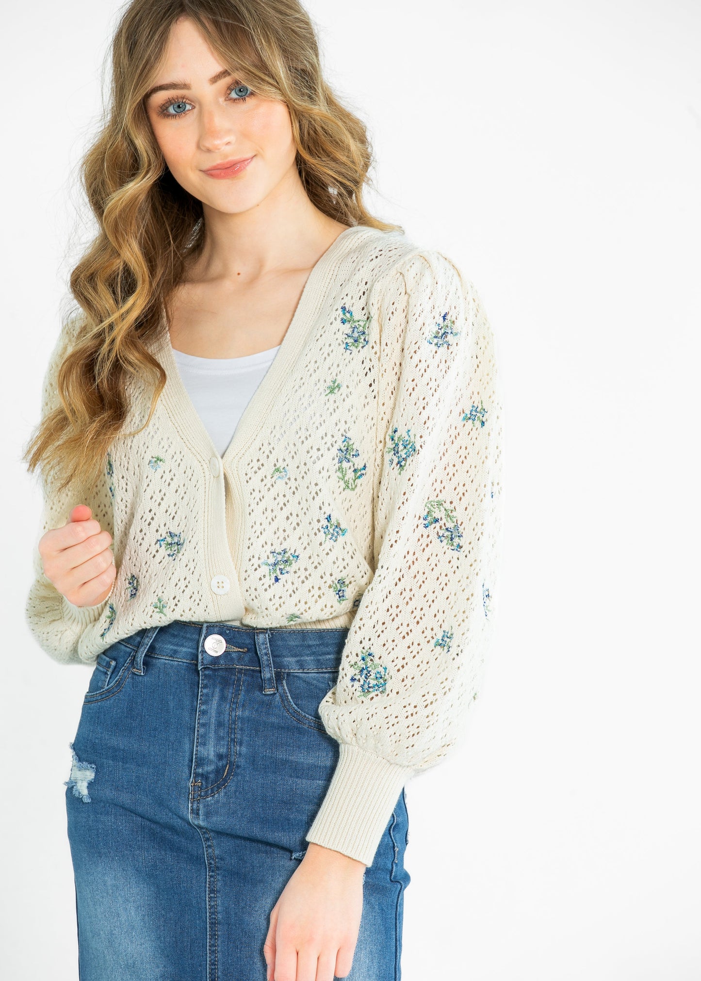 Long Sleeve Pointelle Embroidered Cardigan FF Layering Essentials