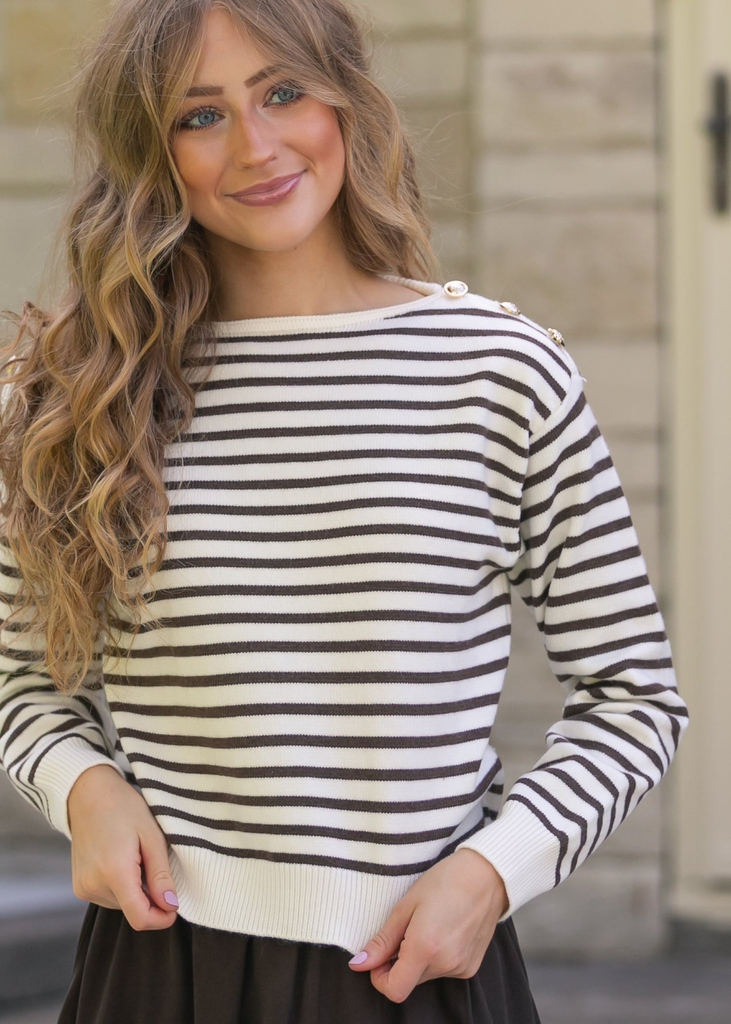Long Sleeve Striped Buttoned Shoulder Sweater FF Tops