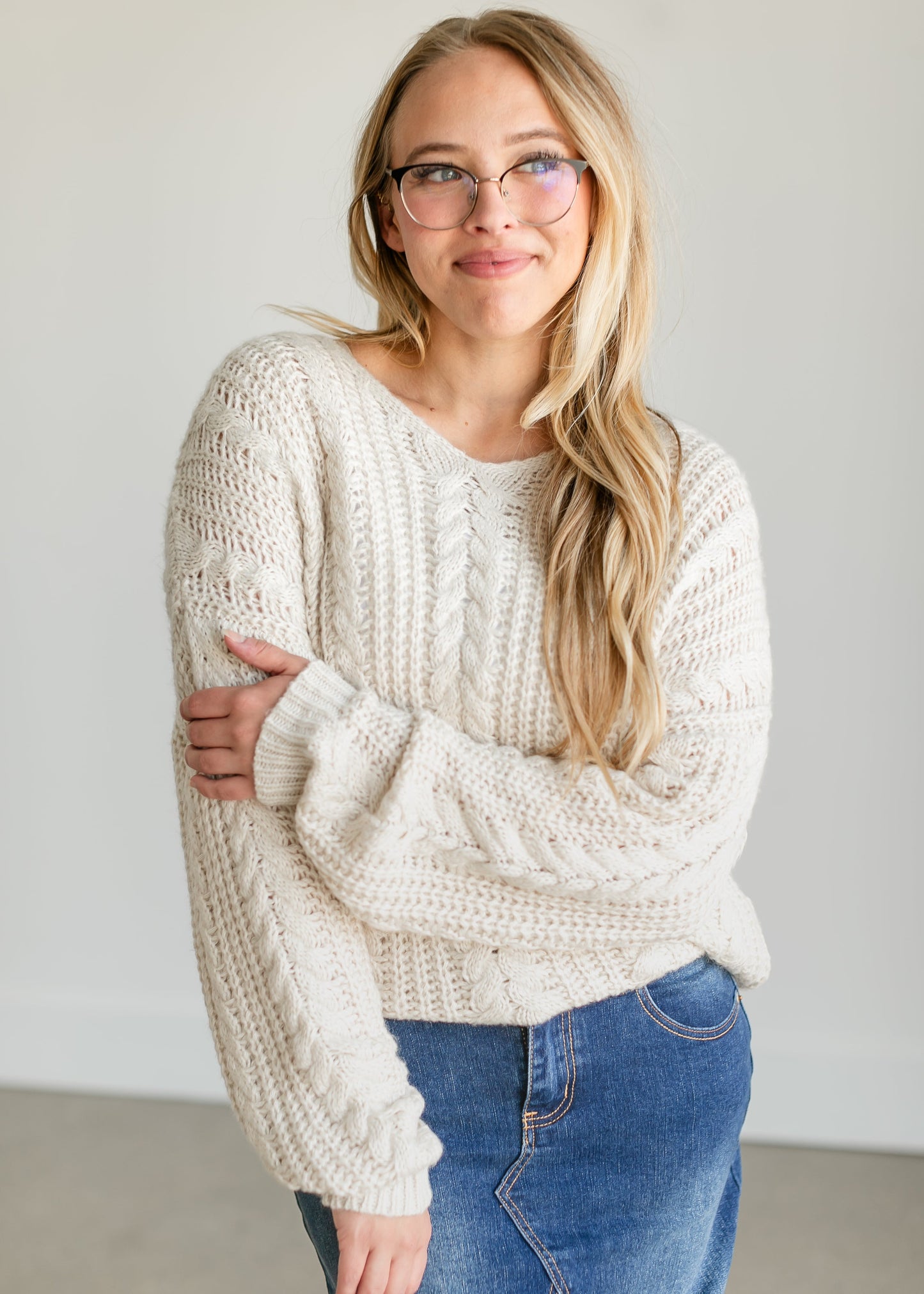 Loose Knit V-neck Sweater FF Tops