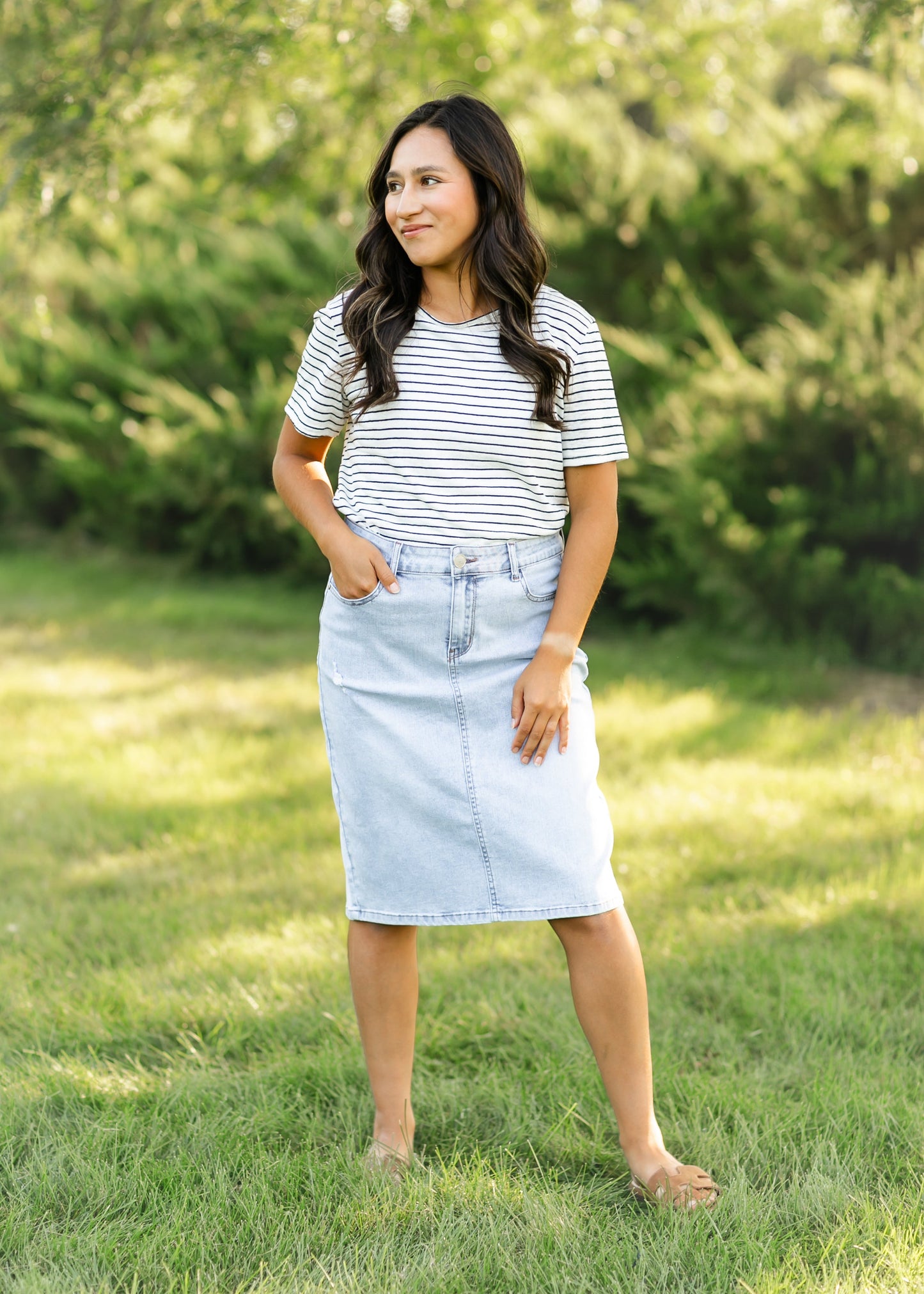Maelia Distressed Denim Midi Skirt IC Skirts